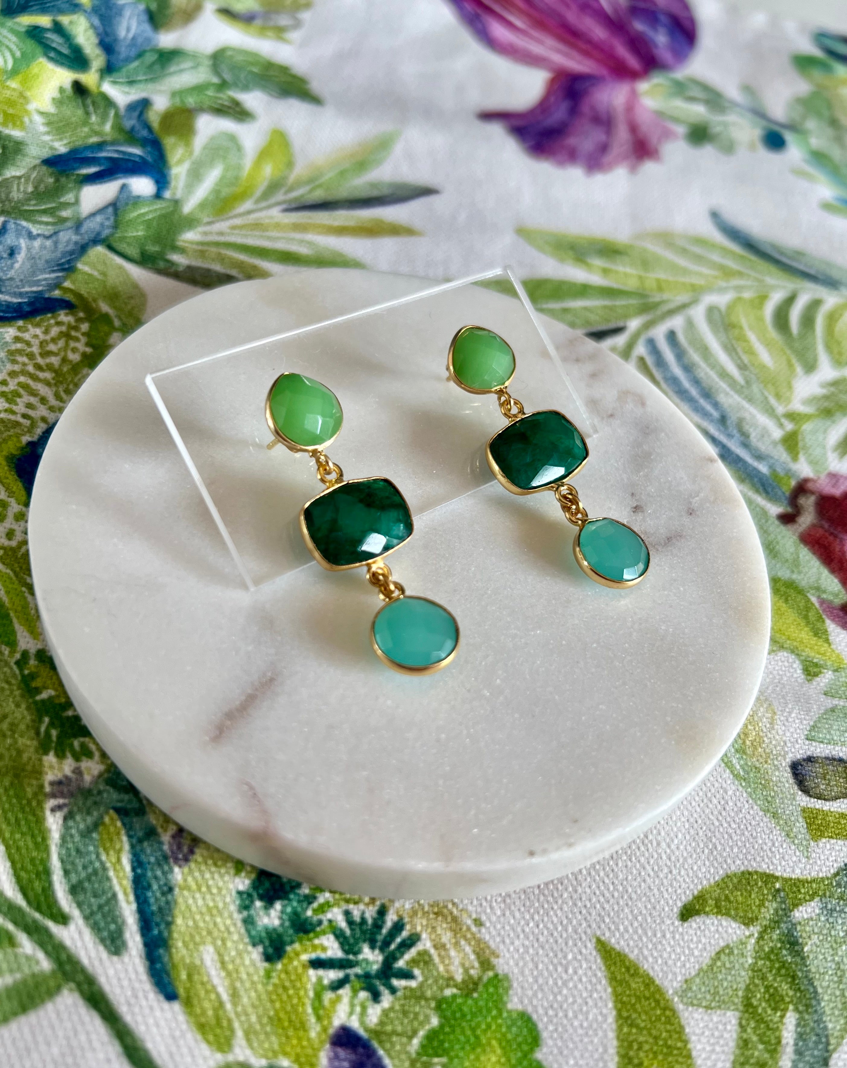 Chrysoprase, Emerald & Aqua Quartz Earrings