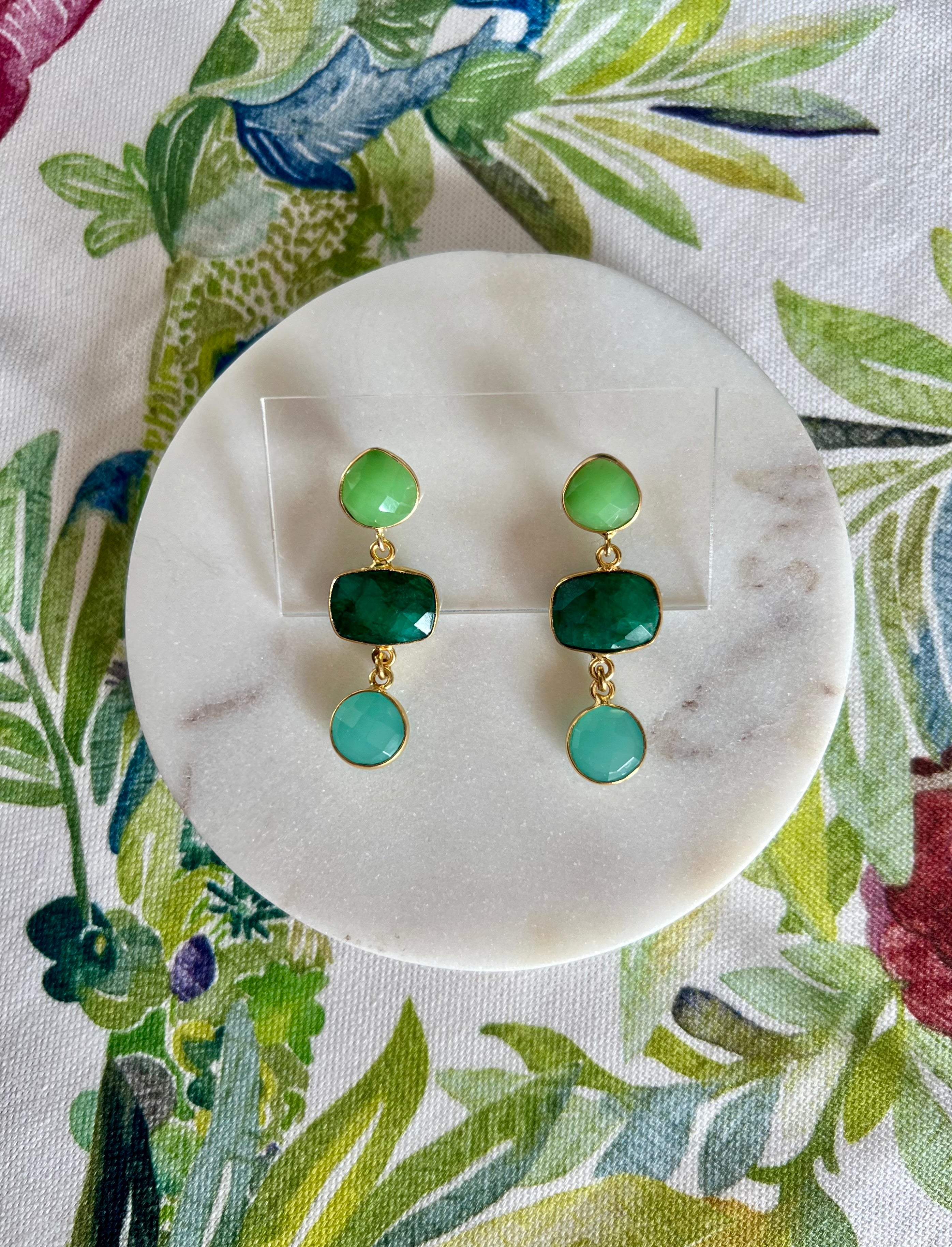 Chrysoprase, Emerald & Aqua Quartz Earrings