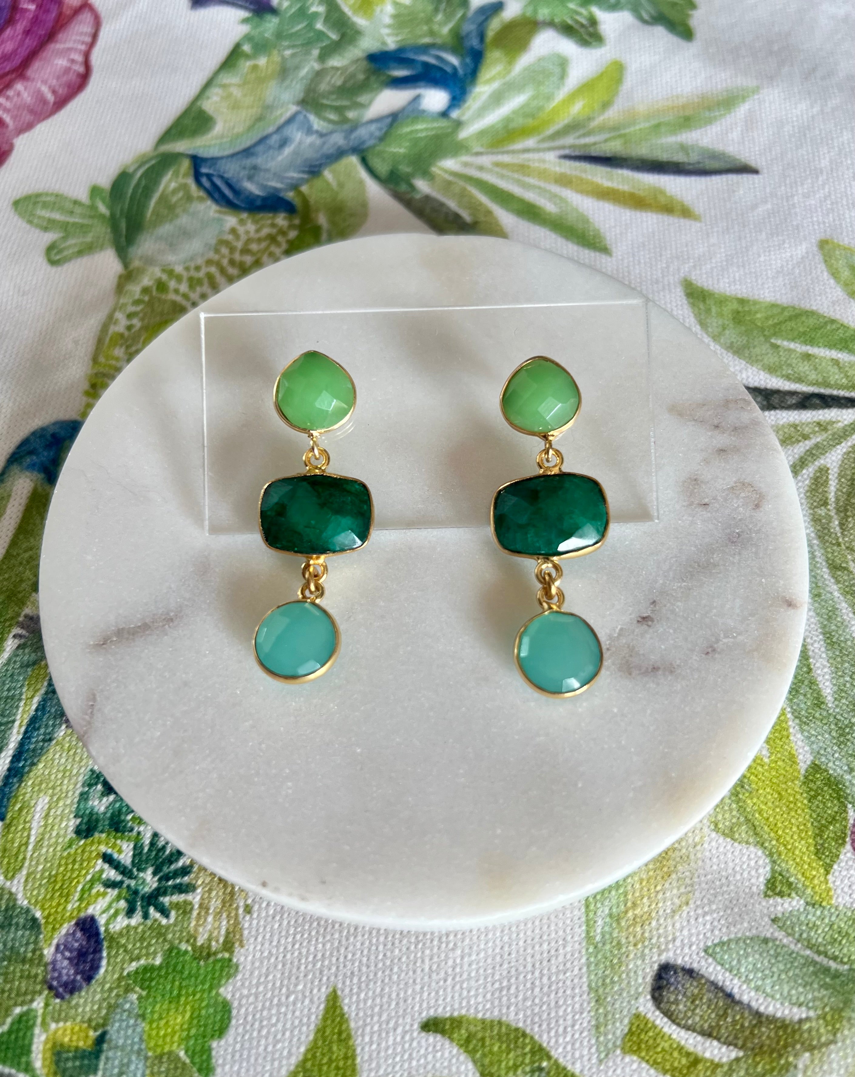 Chrysoprase, Emerald & Aqua Quartz Earrings