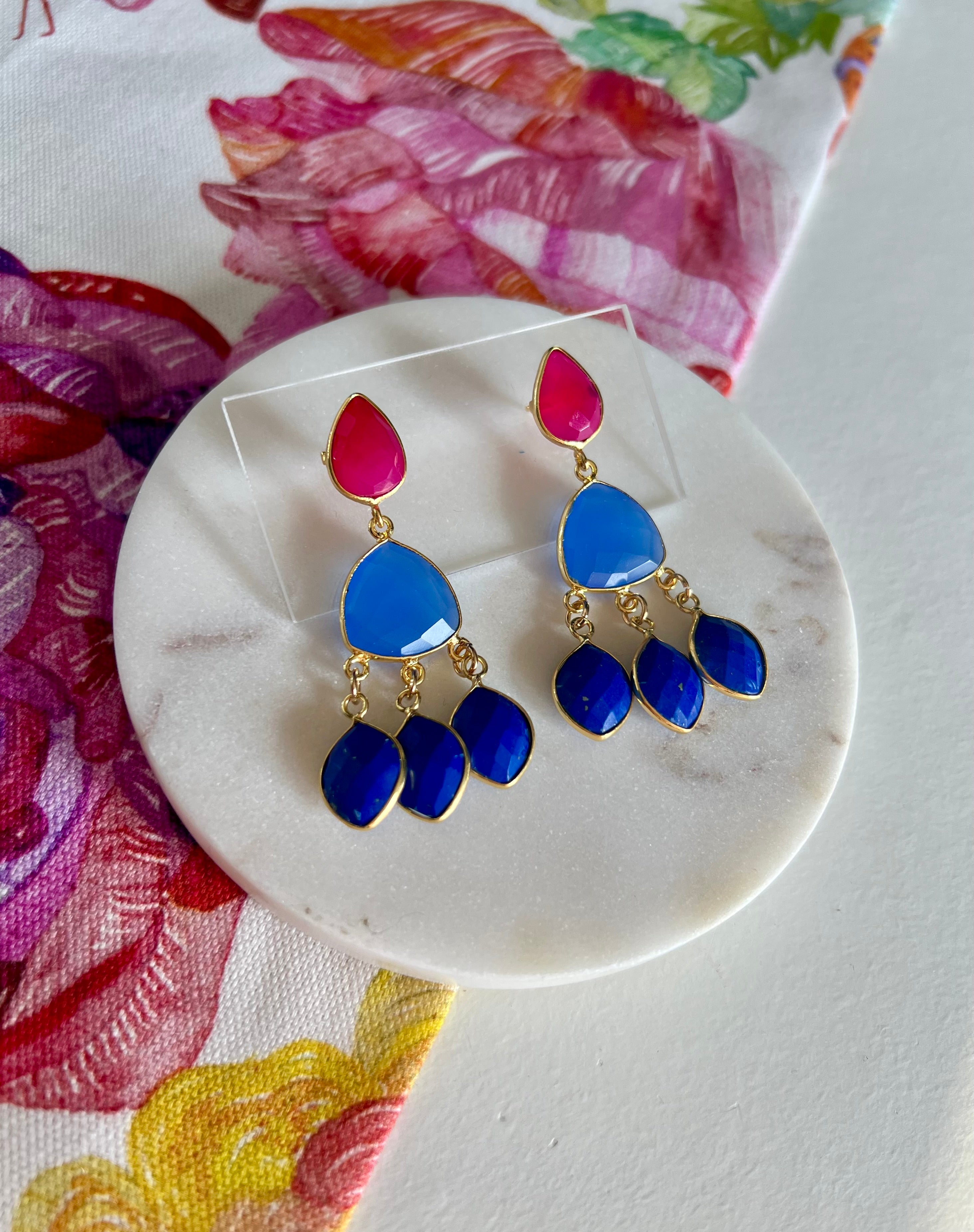 Pink Chalcedony, Blue Chalcedony & Lapis Lazuli Earrings