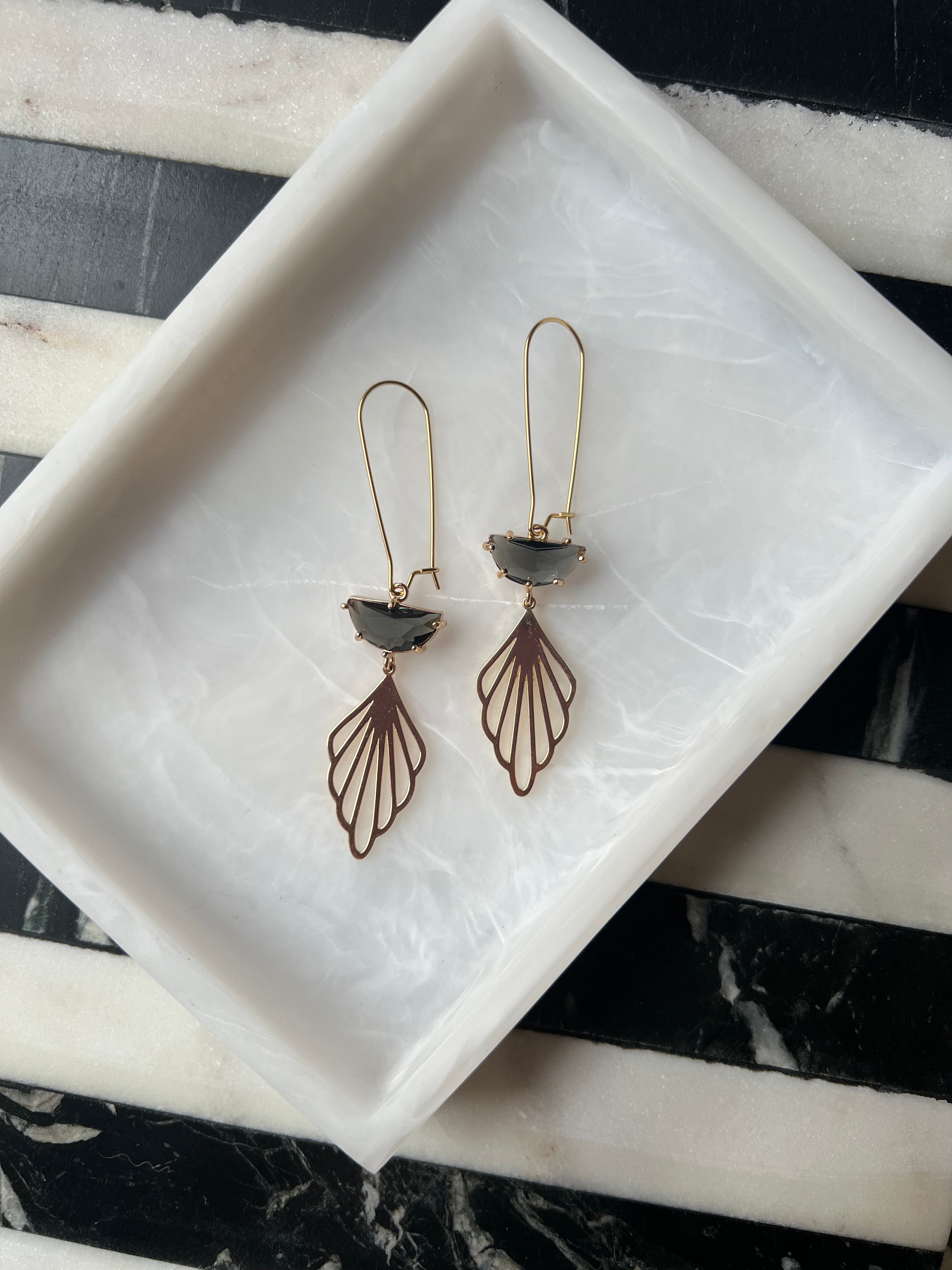 Vintage Inspired Charcoal Stone Earrings with 18K Petals