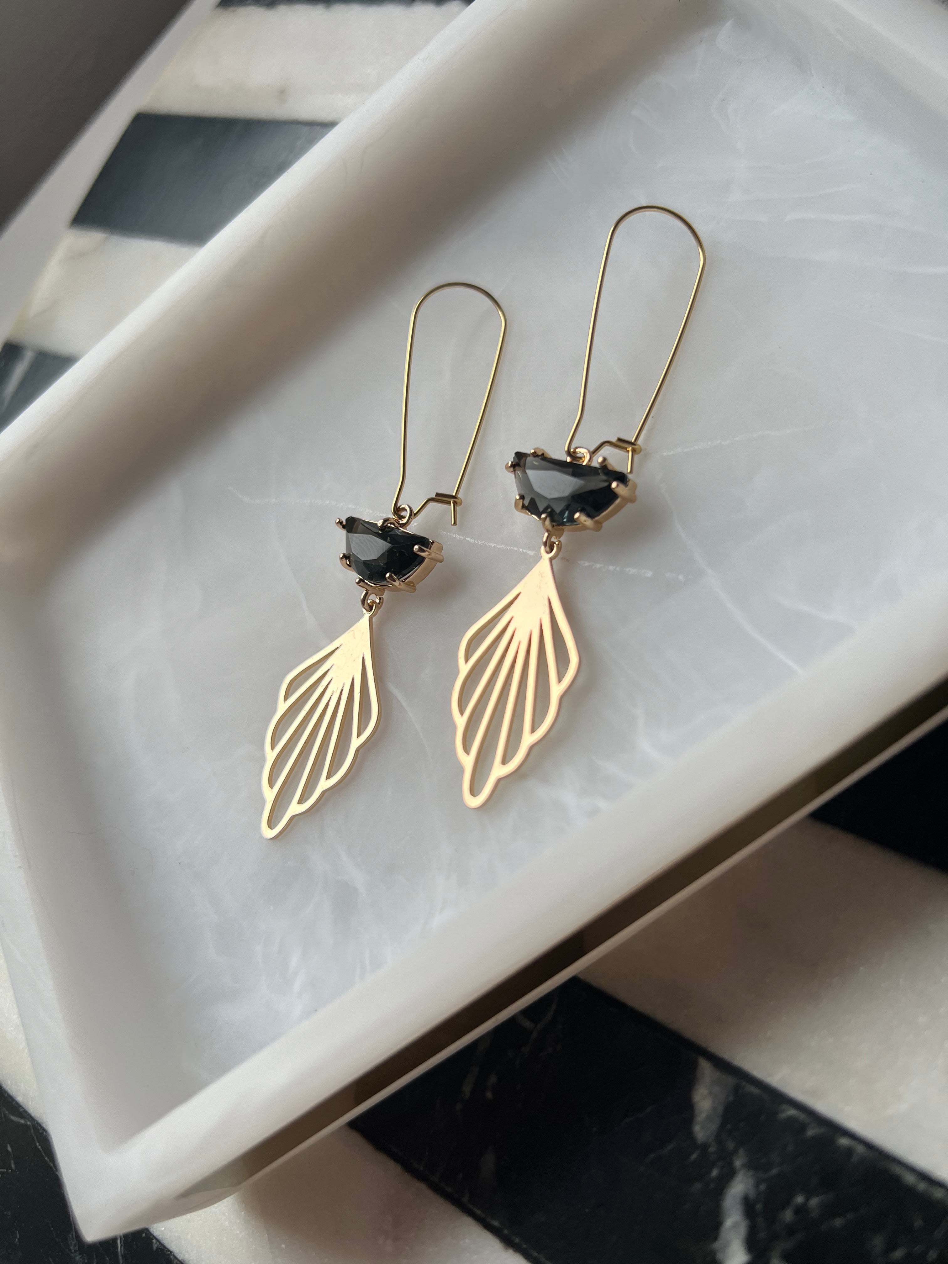 Vintage Inspired Charcoal Stone Earrings with 18K Petals