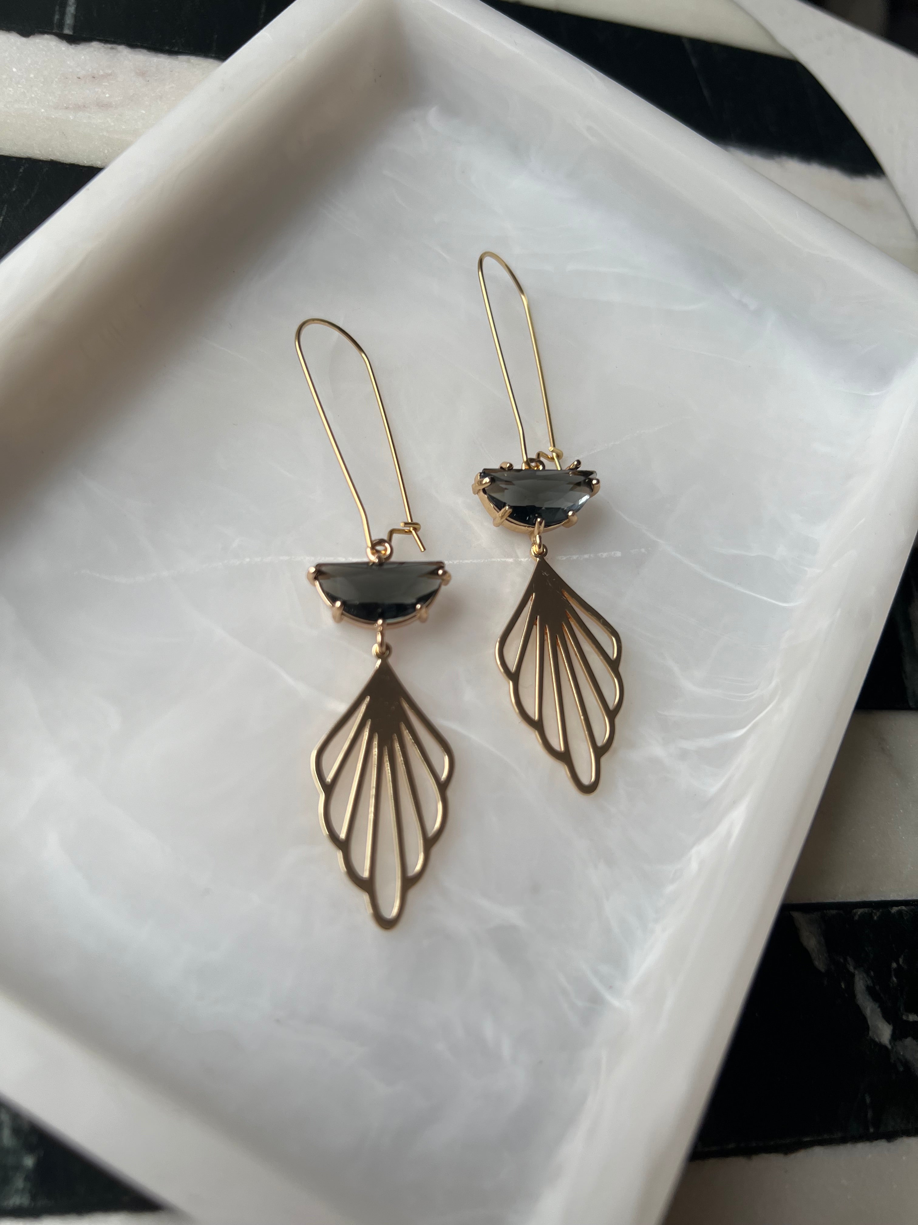 Vintage Inspired Charcoal Stone Earrings with 18K Petals
