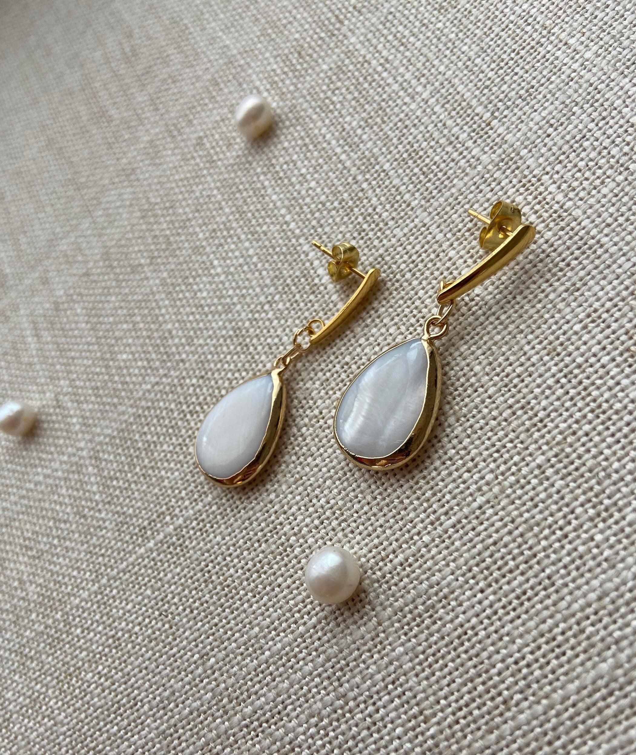 18K Gold Plated Earrings with Mother of Pearl Teardrop