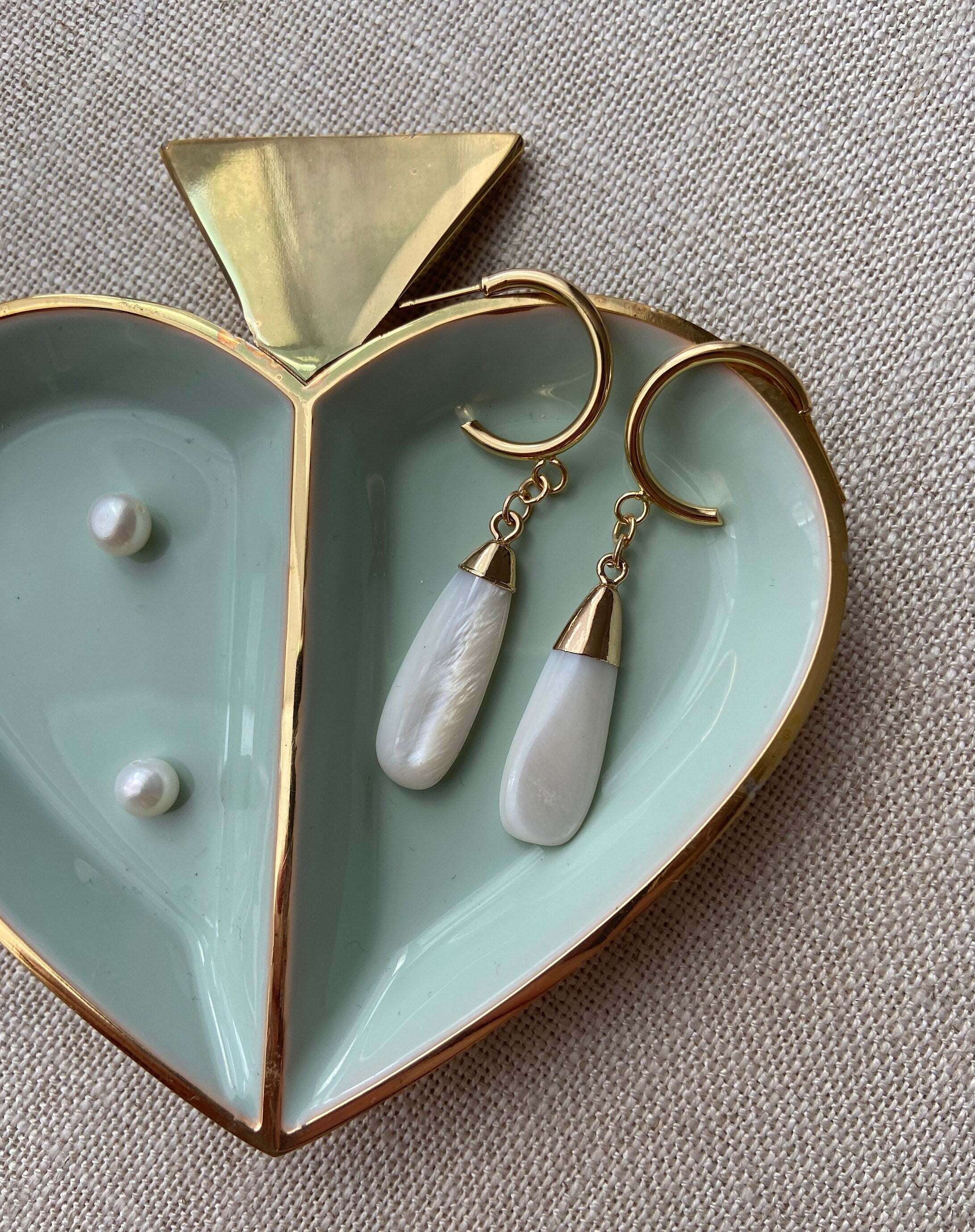 18K Gold Plated Hoop Earrings with Mother of Pearl Elongated Teardrop