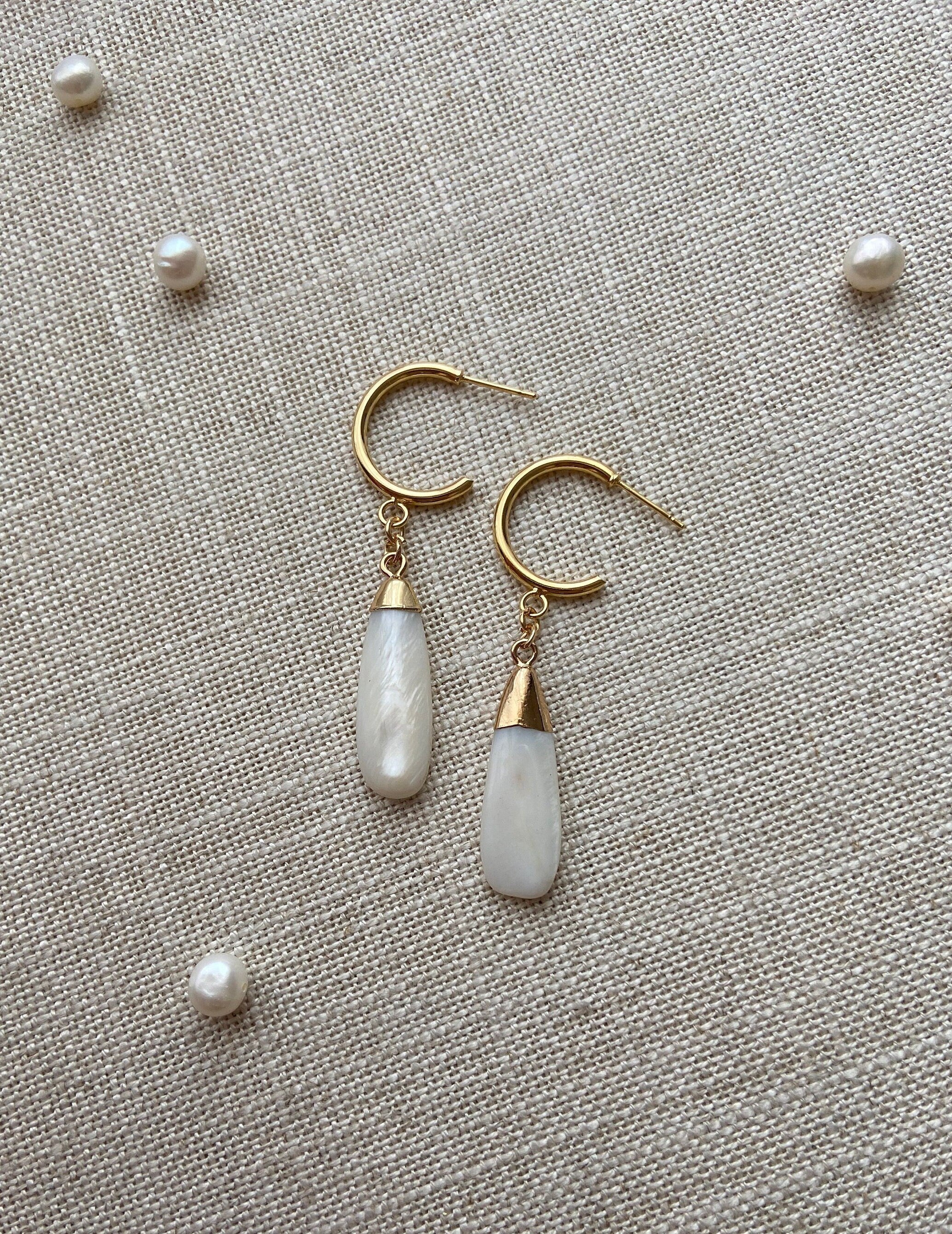 18K Gold Plated Hoop Earrings with Mother of Pearl Elongated Teardrop