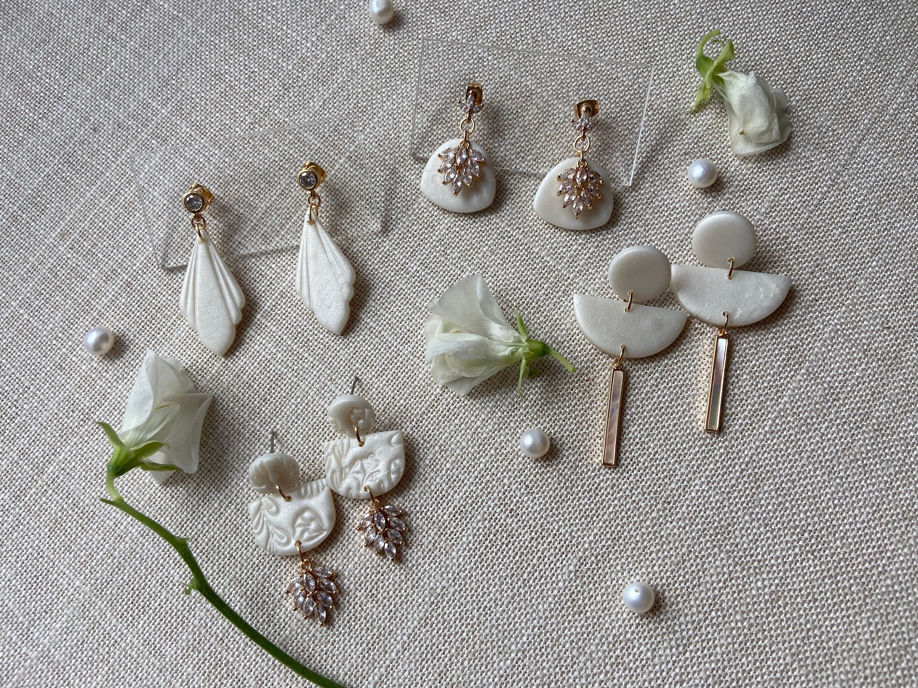 Pearl Polymer Clay Earrings with 18K Gold Plated Cubic Zirconia Crystals