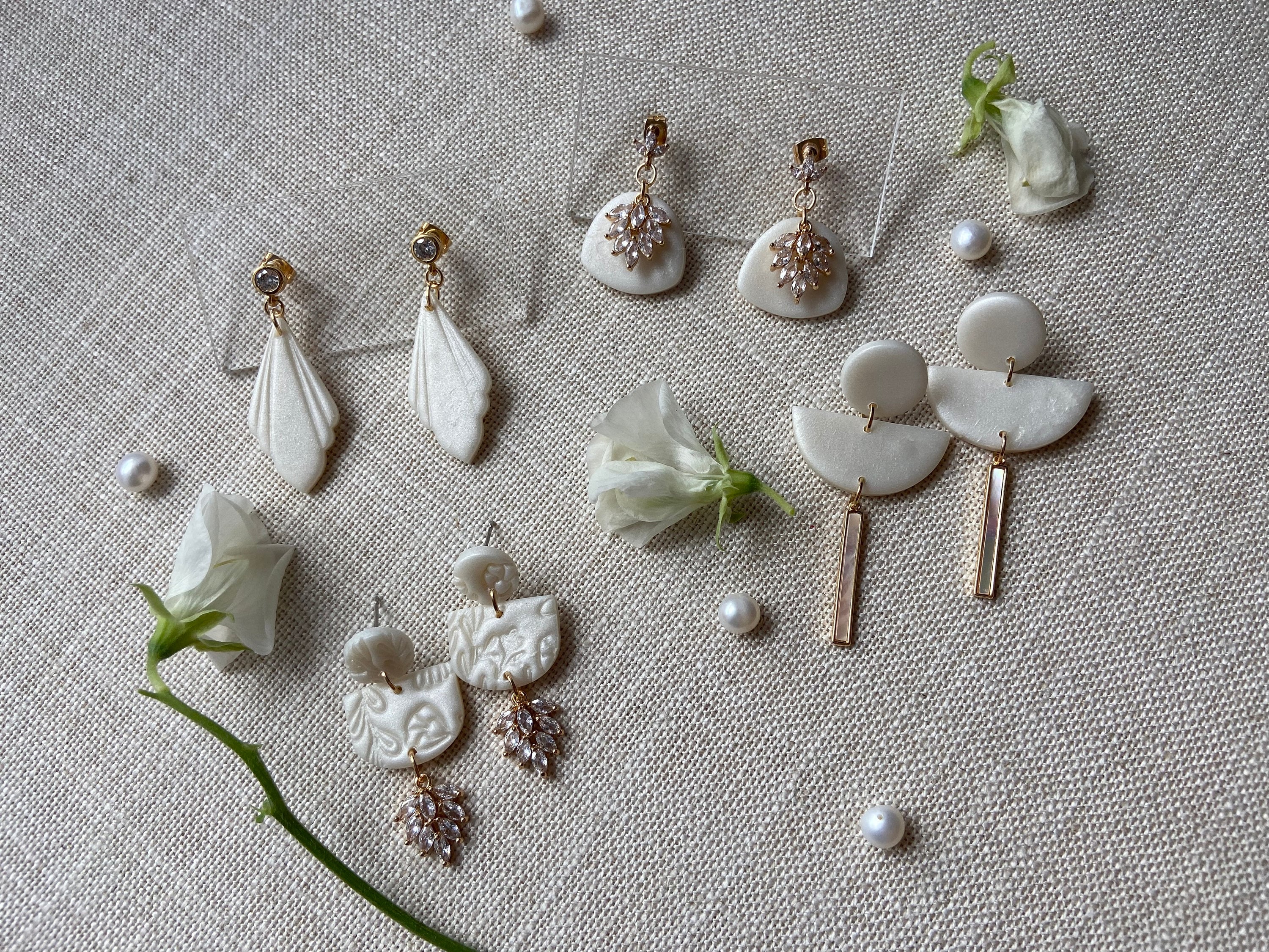 Pearl Polymer Clay Earrings with Cubic Zirconia Petals