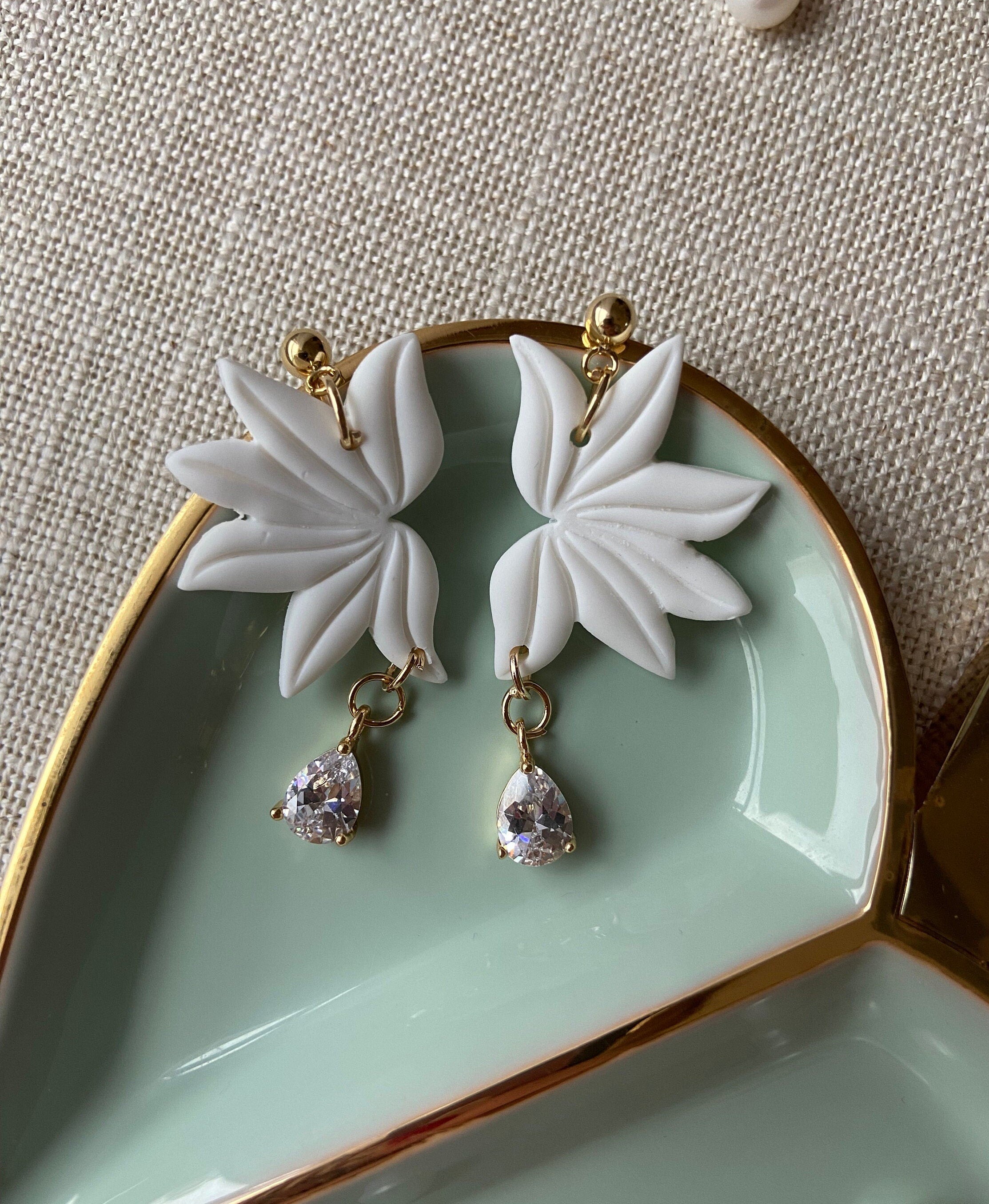White Polymer Clay Floral Earrings with 18K Gold Plated Cubic Zirconias