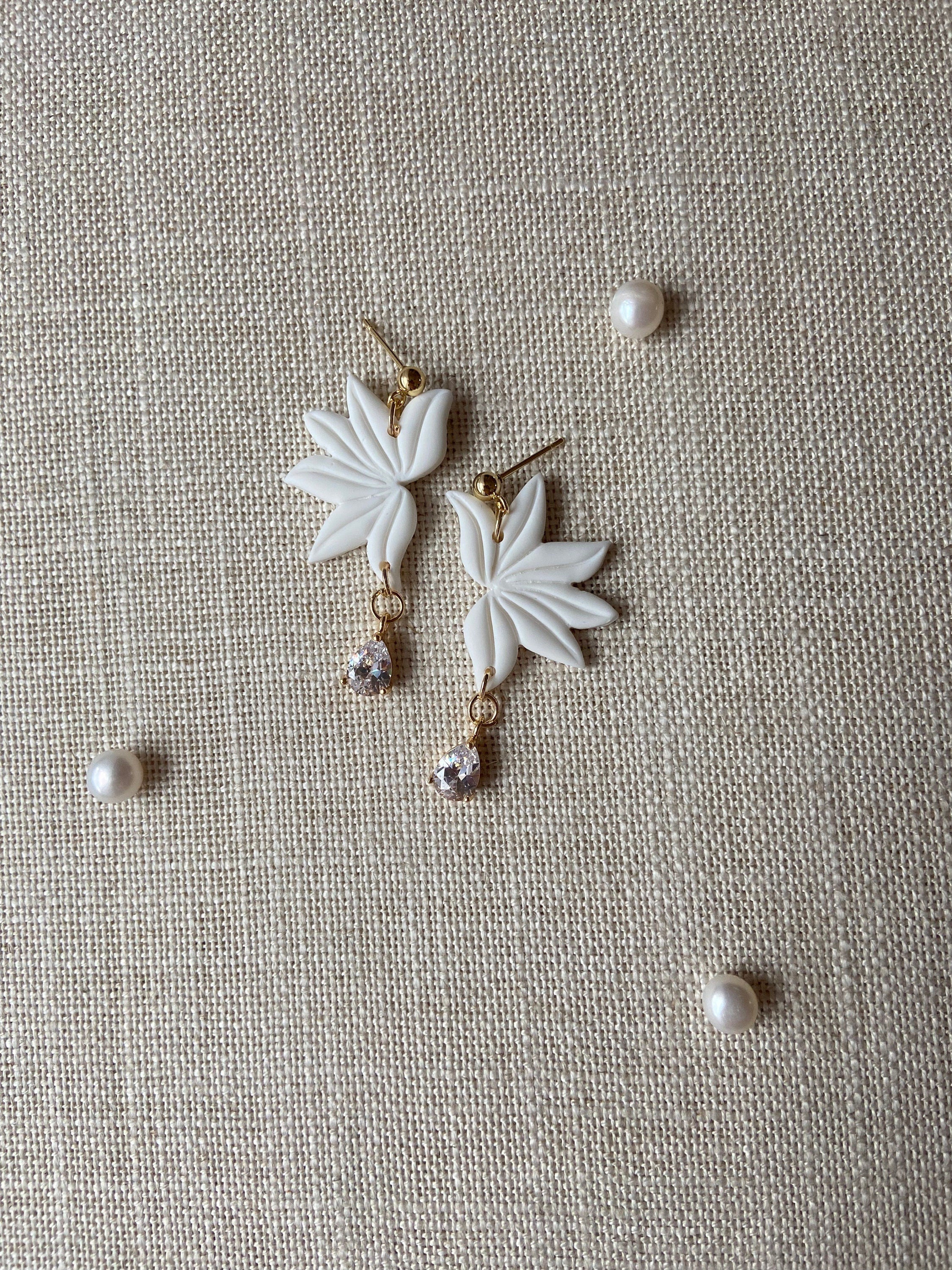 White Polymer Clay Floral Earrings with 18K Gold Plated Cubic Zirconias