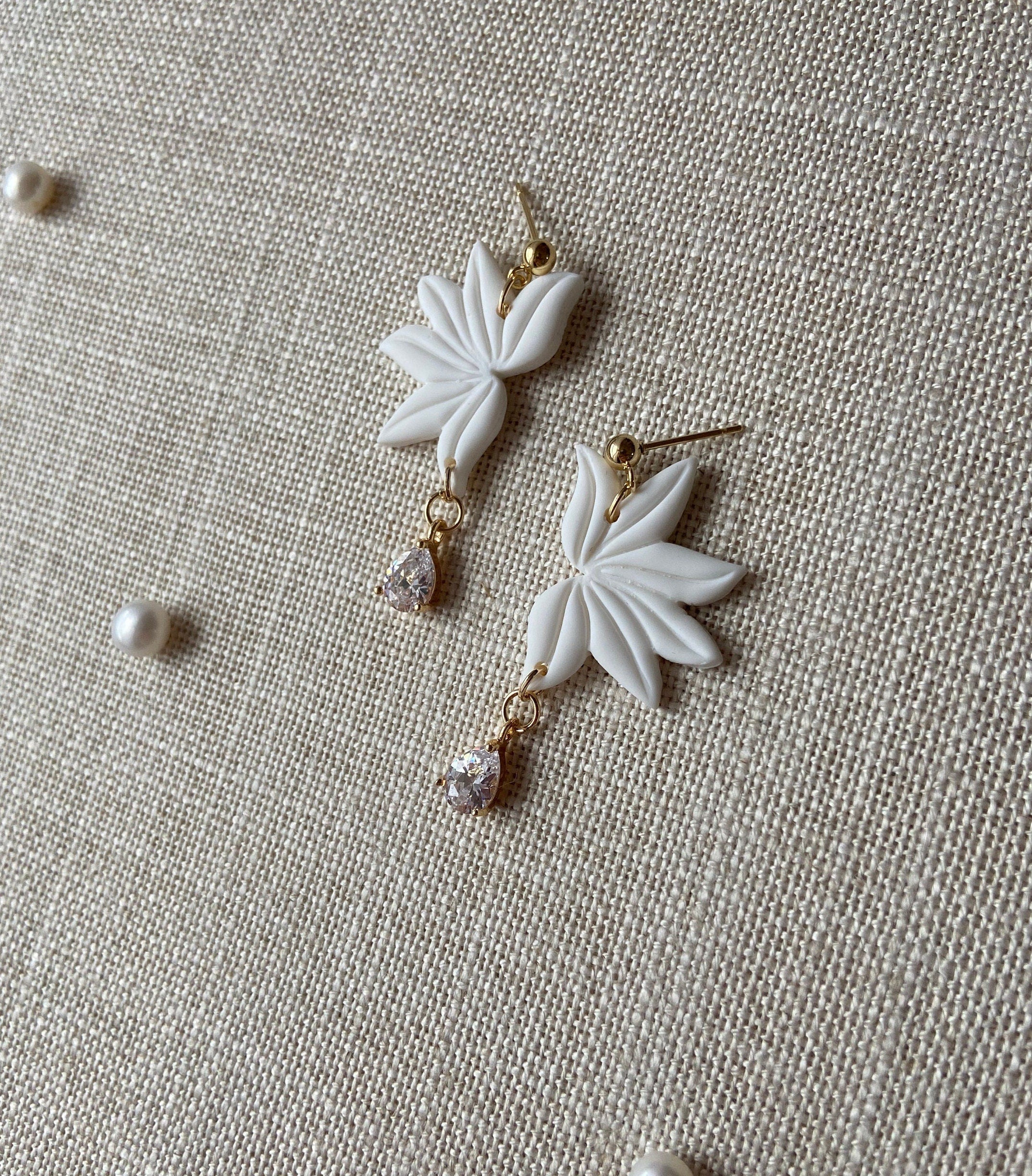 White Polymer Clay Floral Earrings with 18K Gold Plated Cubic Zirconias