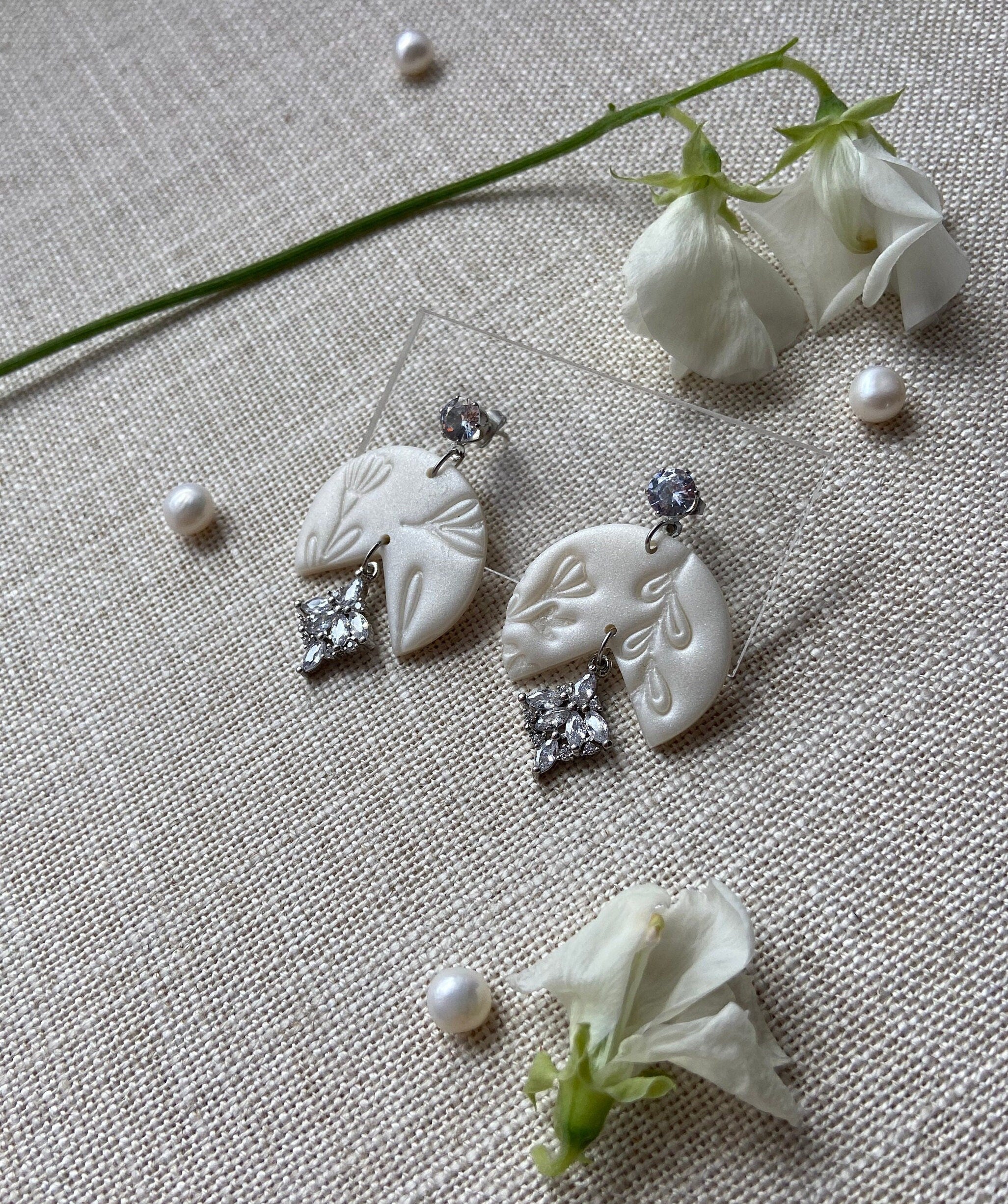 White Polymer Clay Earrings with Silver Cubic Zirconia Crystals