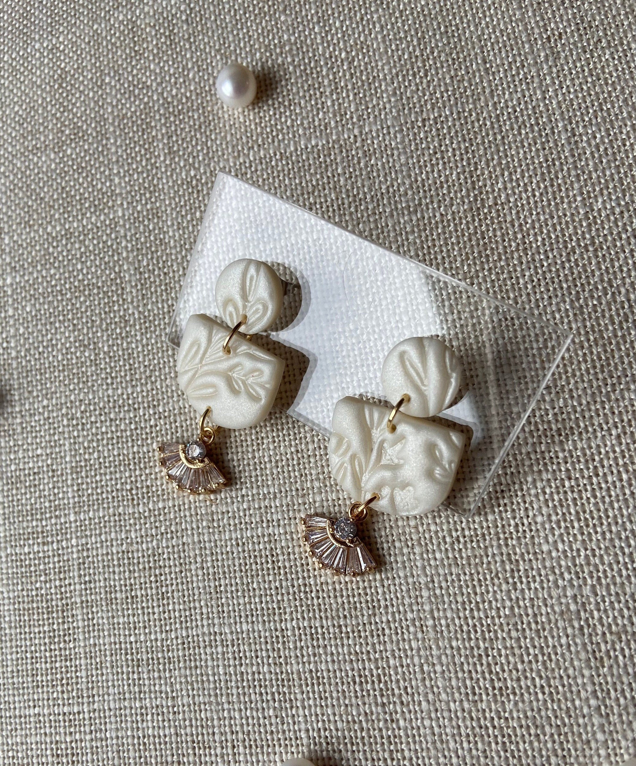 Pearl Polymer Clay Earrings with 18K Gold Plated Cubic Zirconia Crystals