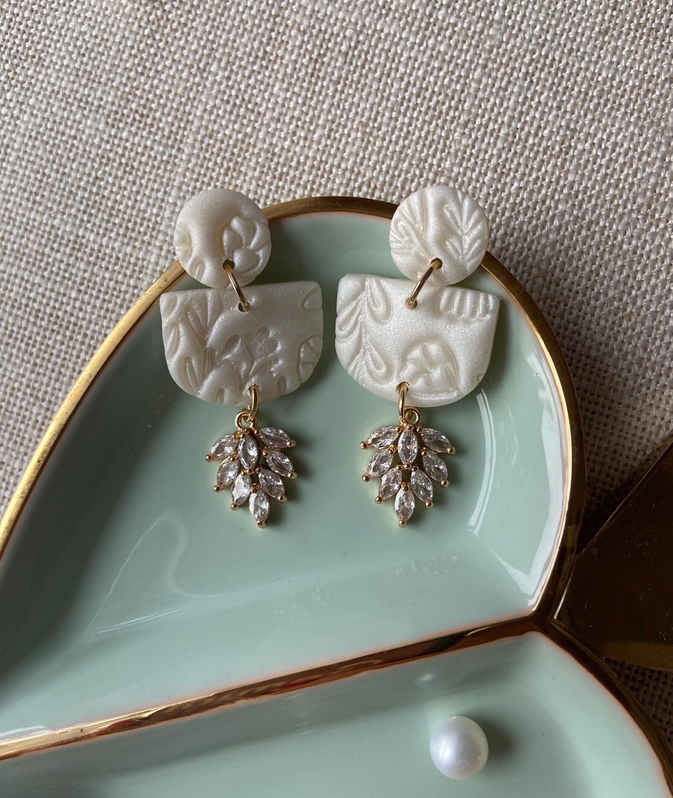 Pearl Polymer Clay Earrings with Cubic Zirconia Petals