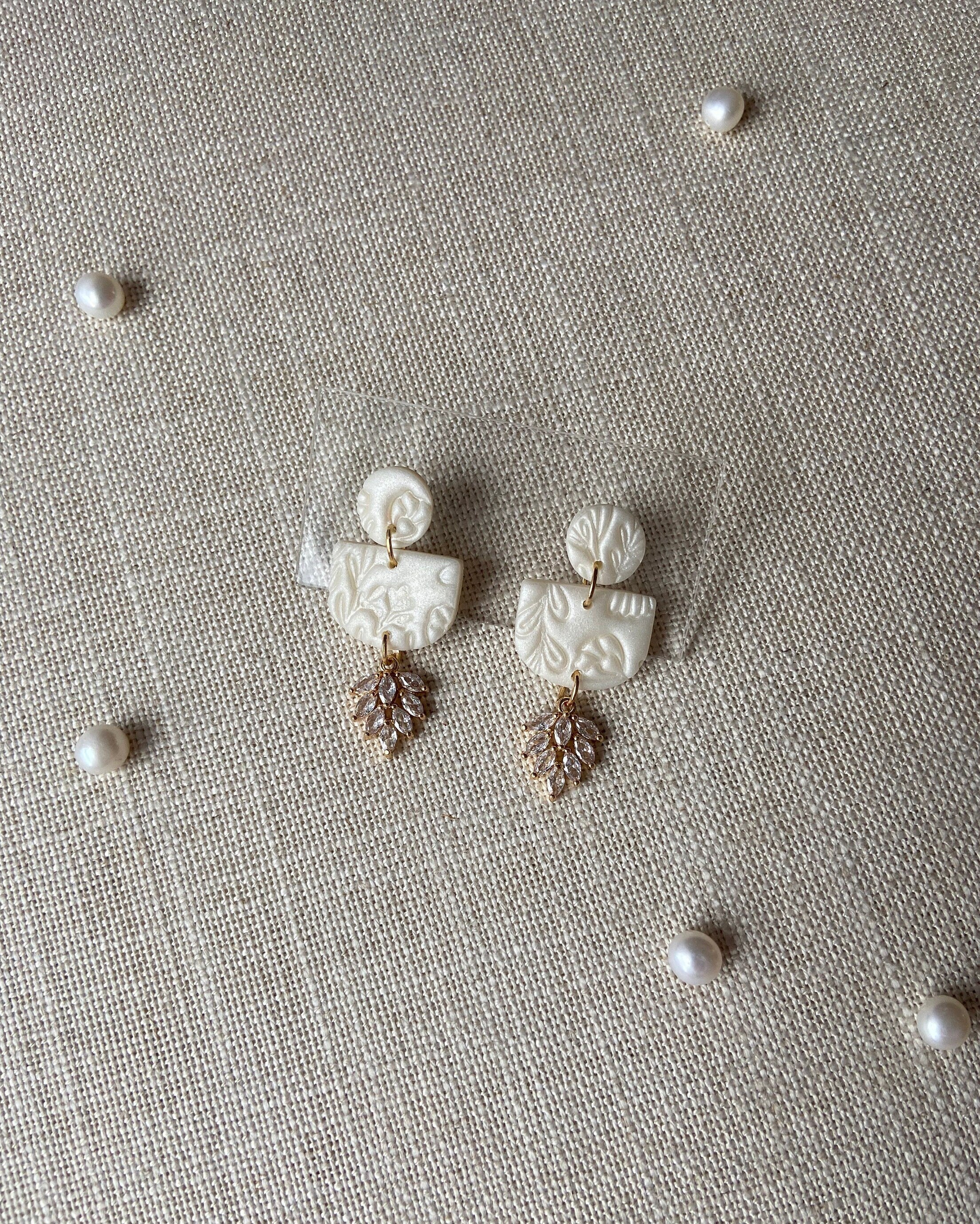 Pearl Polymer Clay Earrings with Cubic Zirconia Petals