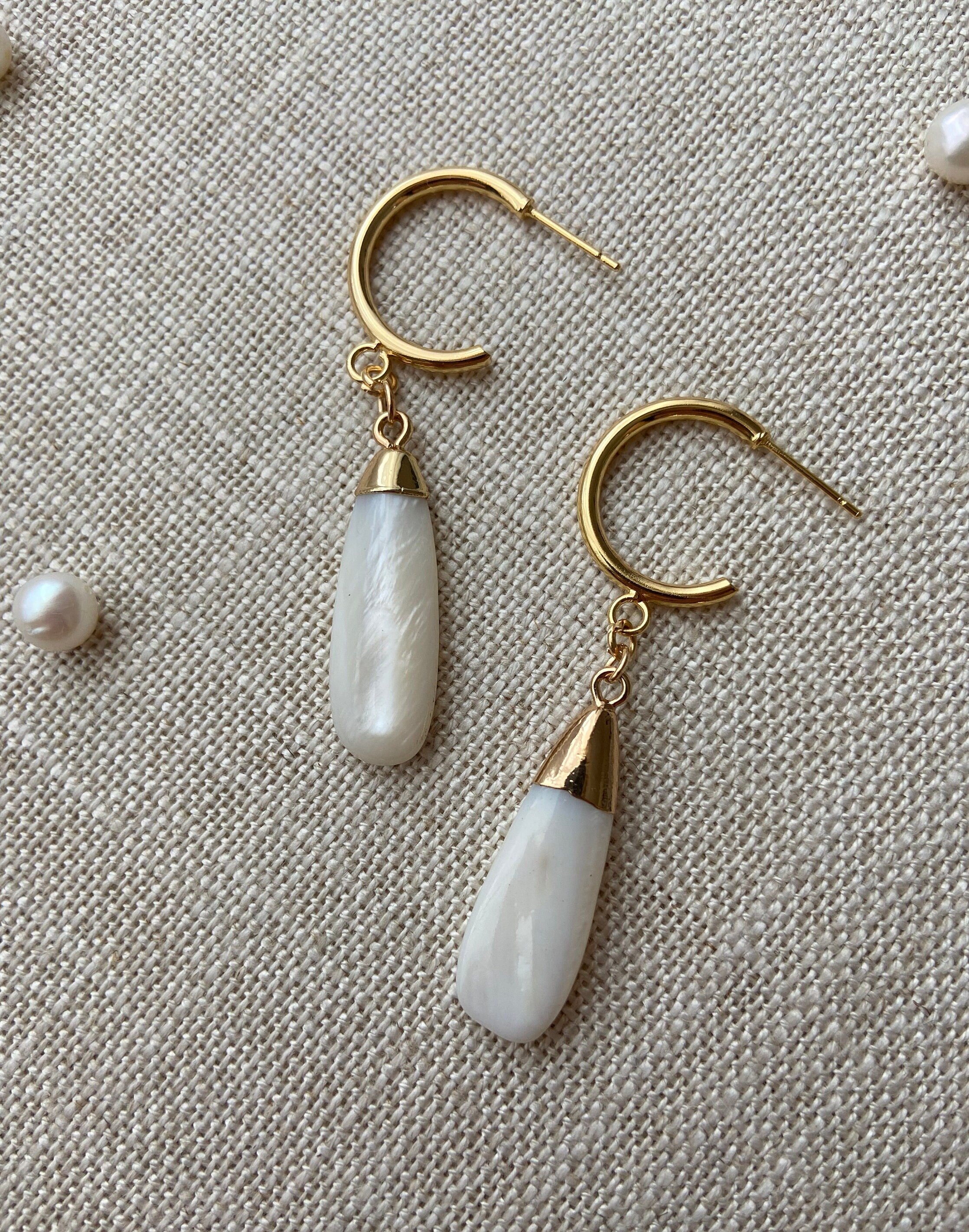18K Gold Plated Hoop Earrings with Mother of Pearl Elongated Teardrop