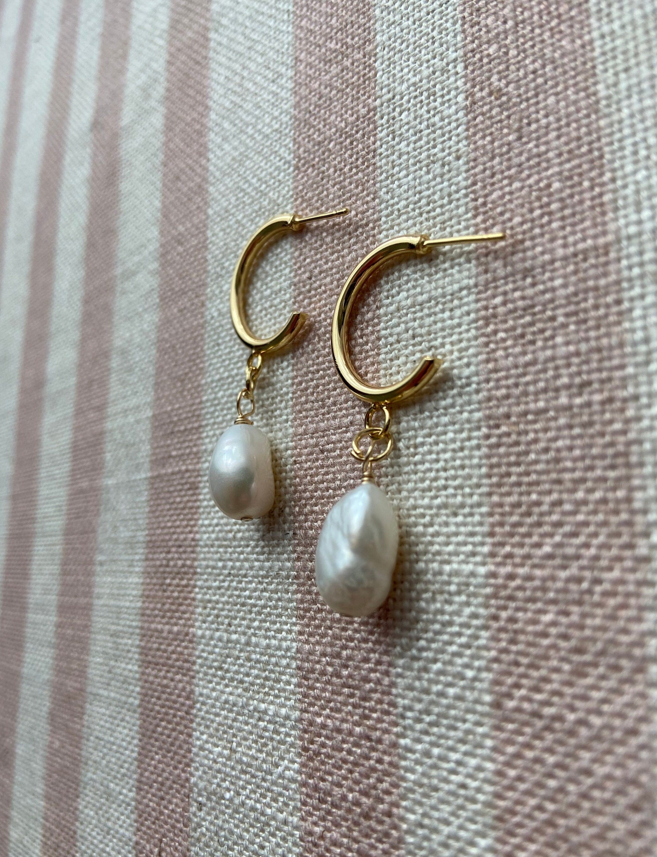 18K Gold Plated Hoop Earrings with Freshwater Baroque Pearl Drops
