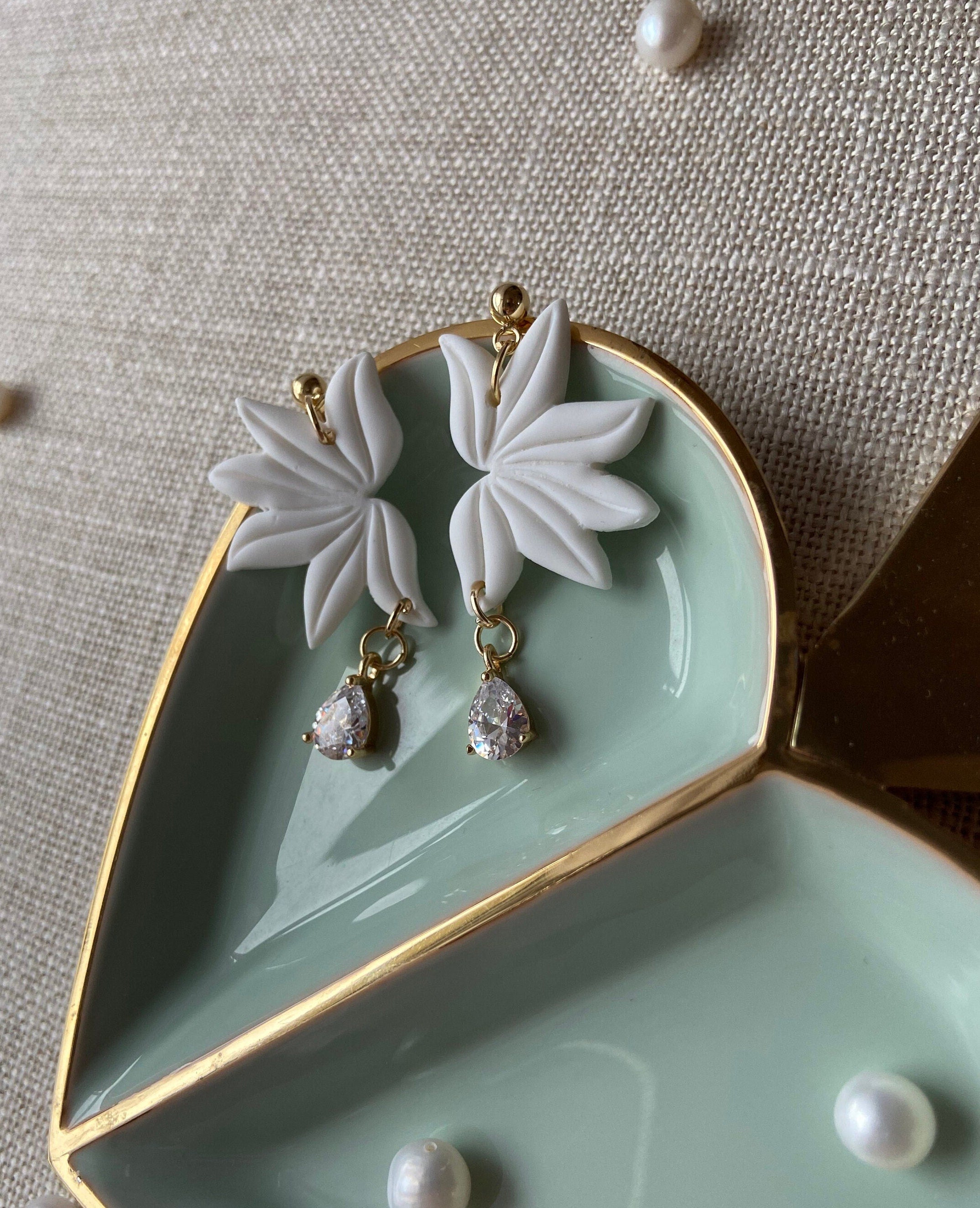 White Polymer Clay Floral Earrings with 18K Gold Plated Cubic Zirconias