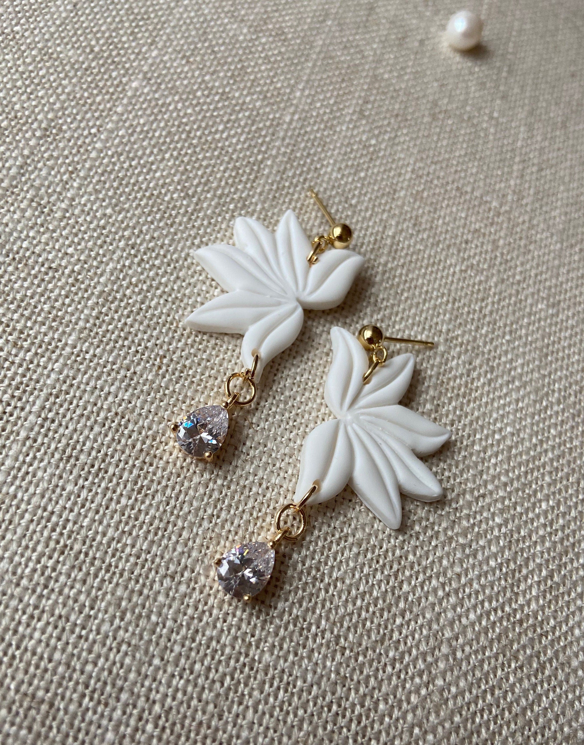 White Polymer Clay Floral Earrings with 18K Gold Plated Cubic Zirconias