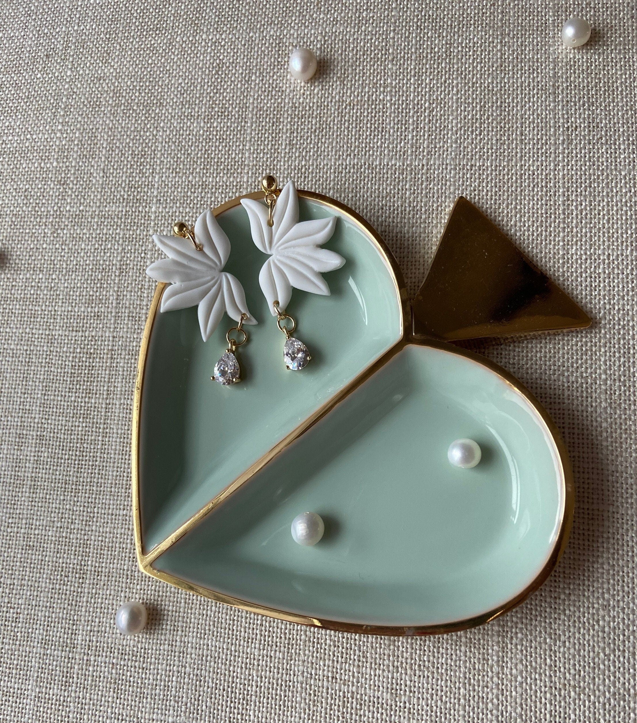 White Polymer Clay Floral Earrings with 18K Gold Plated Cubic Zirconias