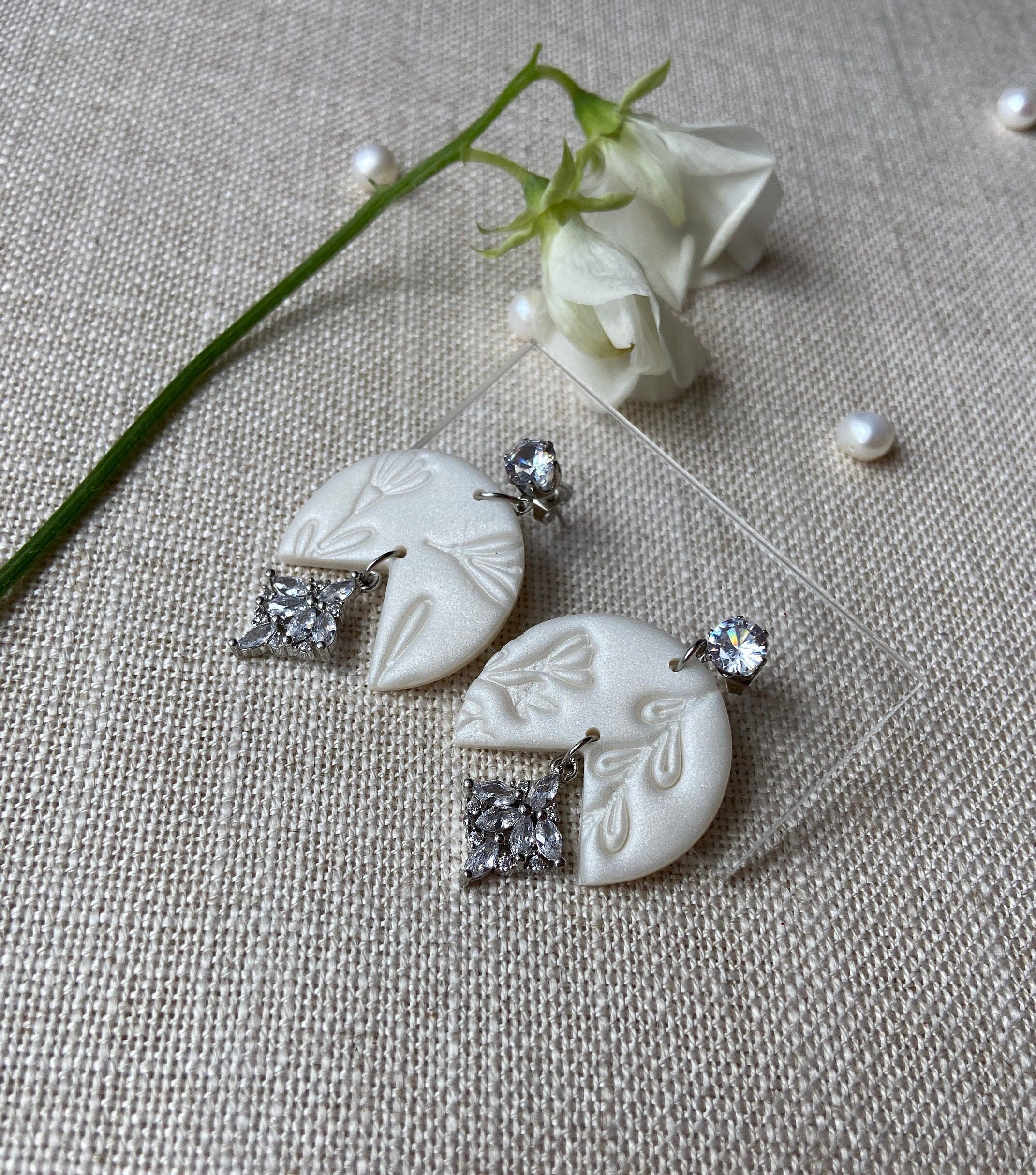 White Polymer Clay Earrings with Silver Cubic Zirconia Crystals