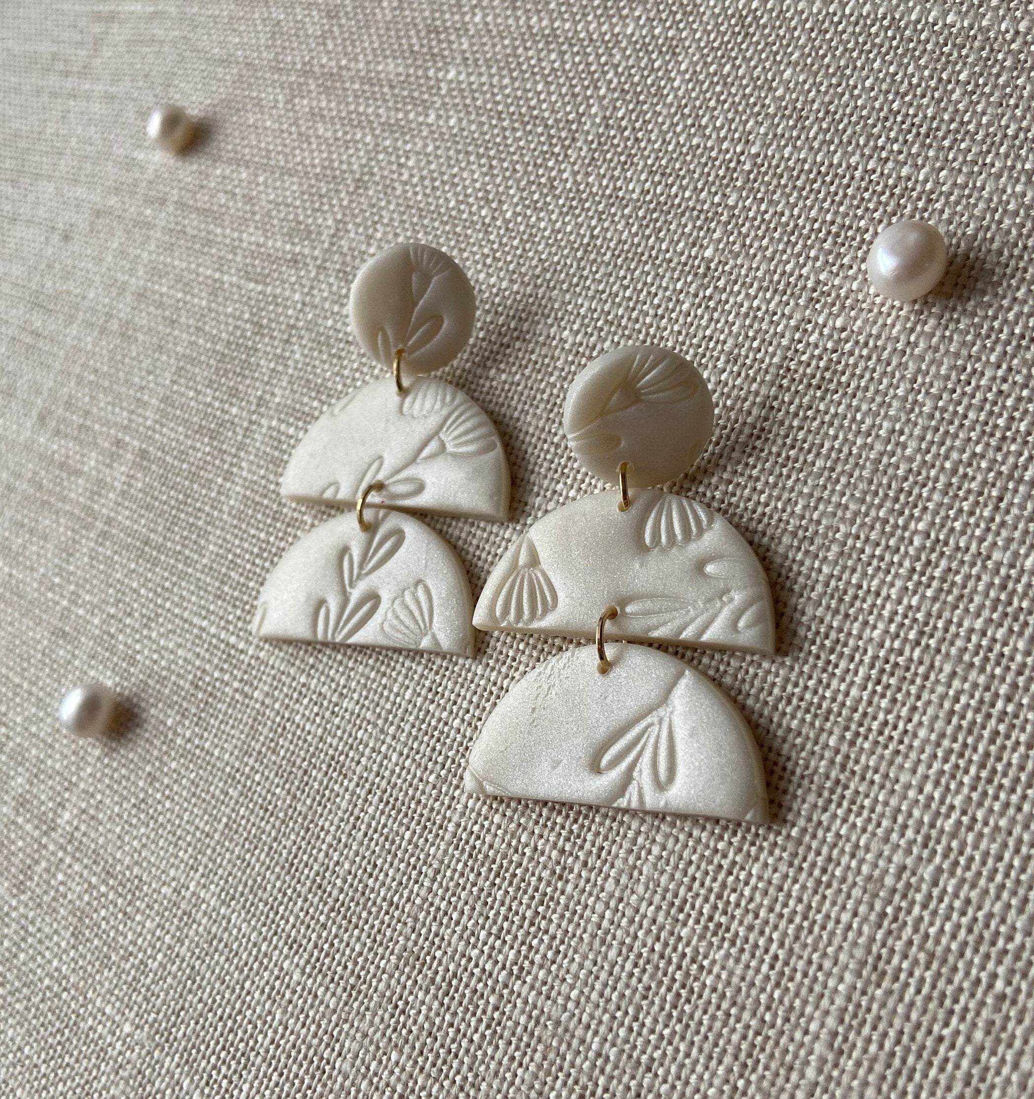 Pearl Polymer Clay Earrings with Floral Texture