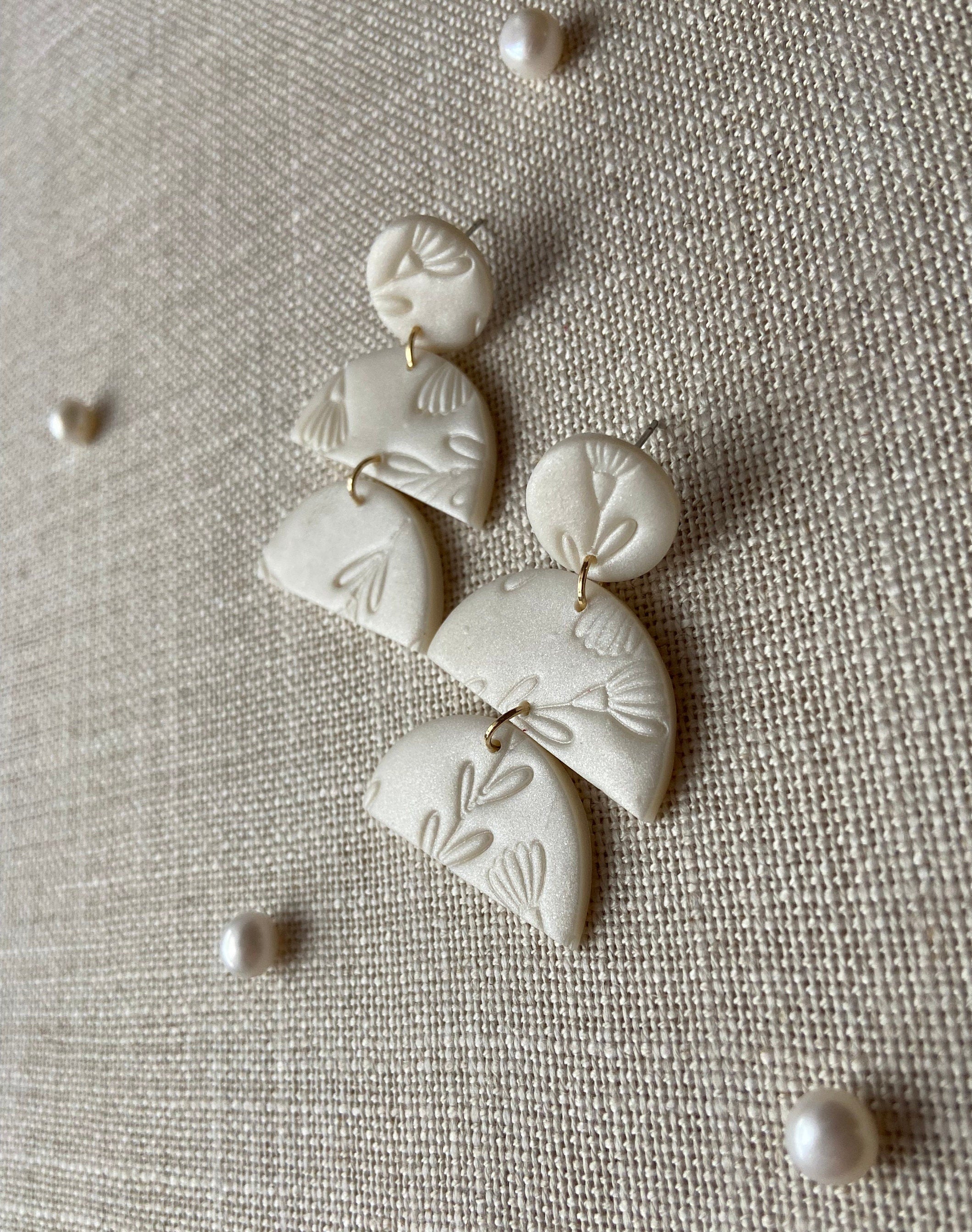 Pearl Polymer Clay Earrings with Floral Texture