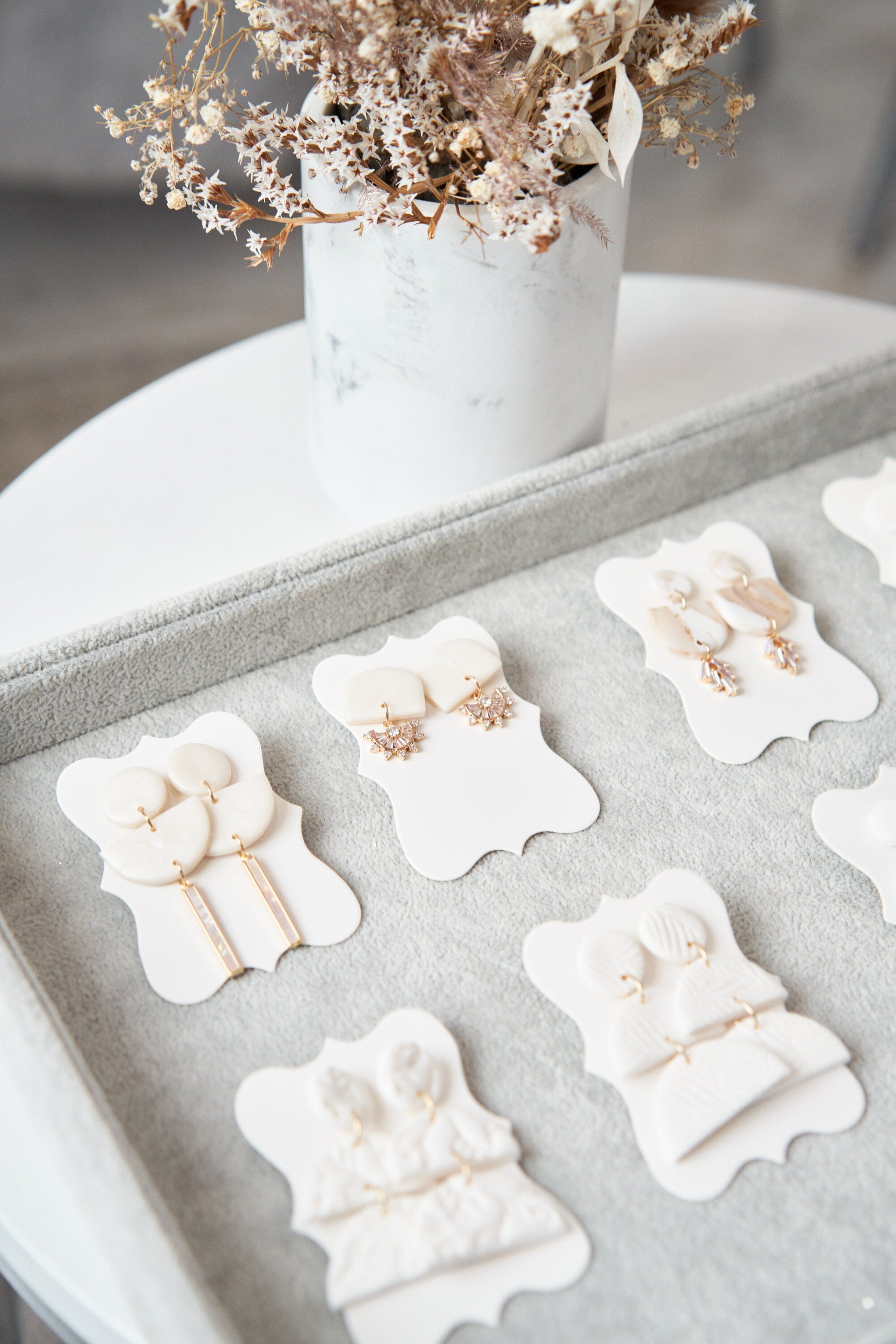 White Polymer Clay Earrings with Floral Texture