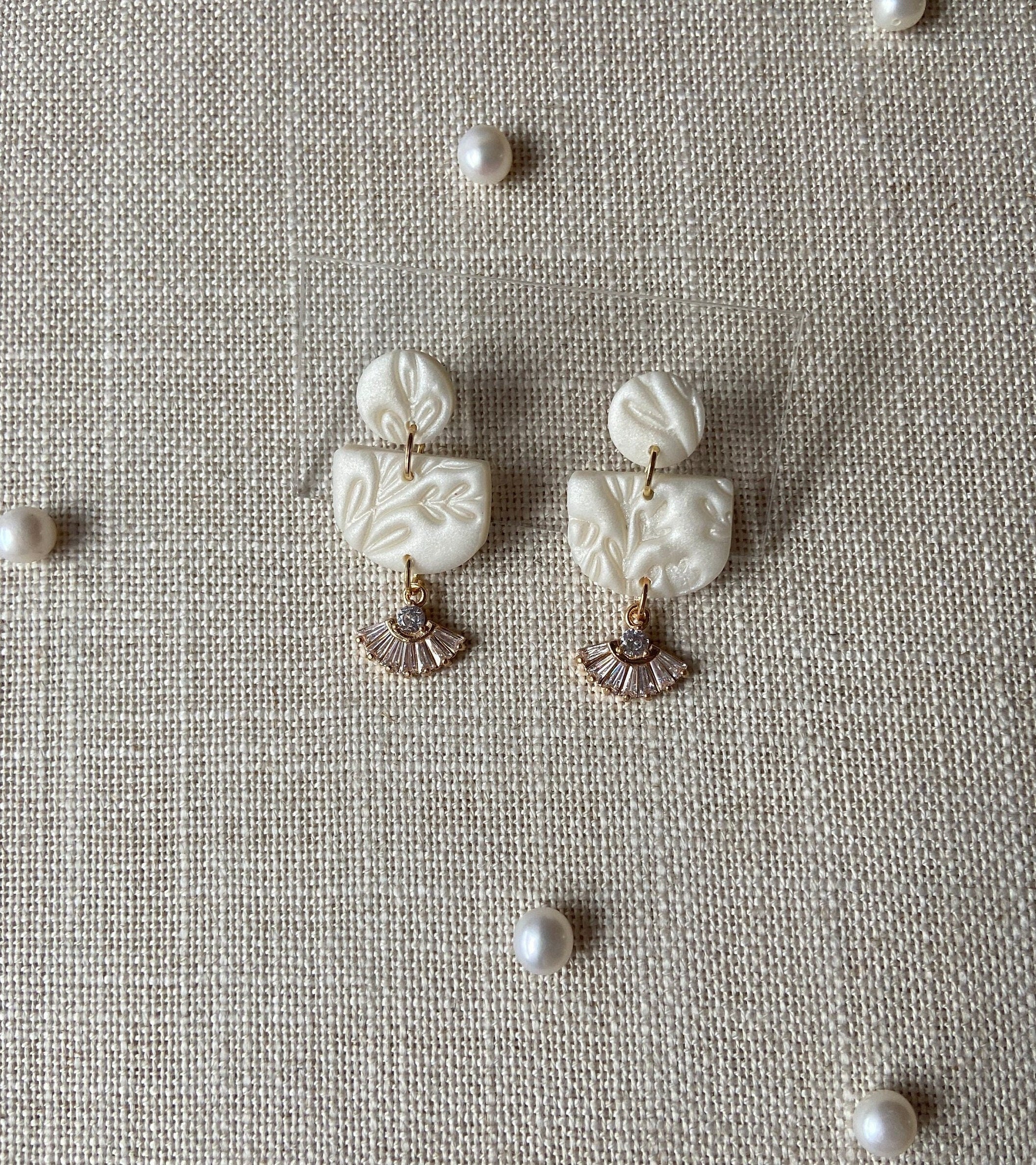 Pearl Polymer Clay Earrings with 18K Gold Plated Cubic Zirconia Crystals