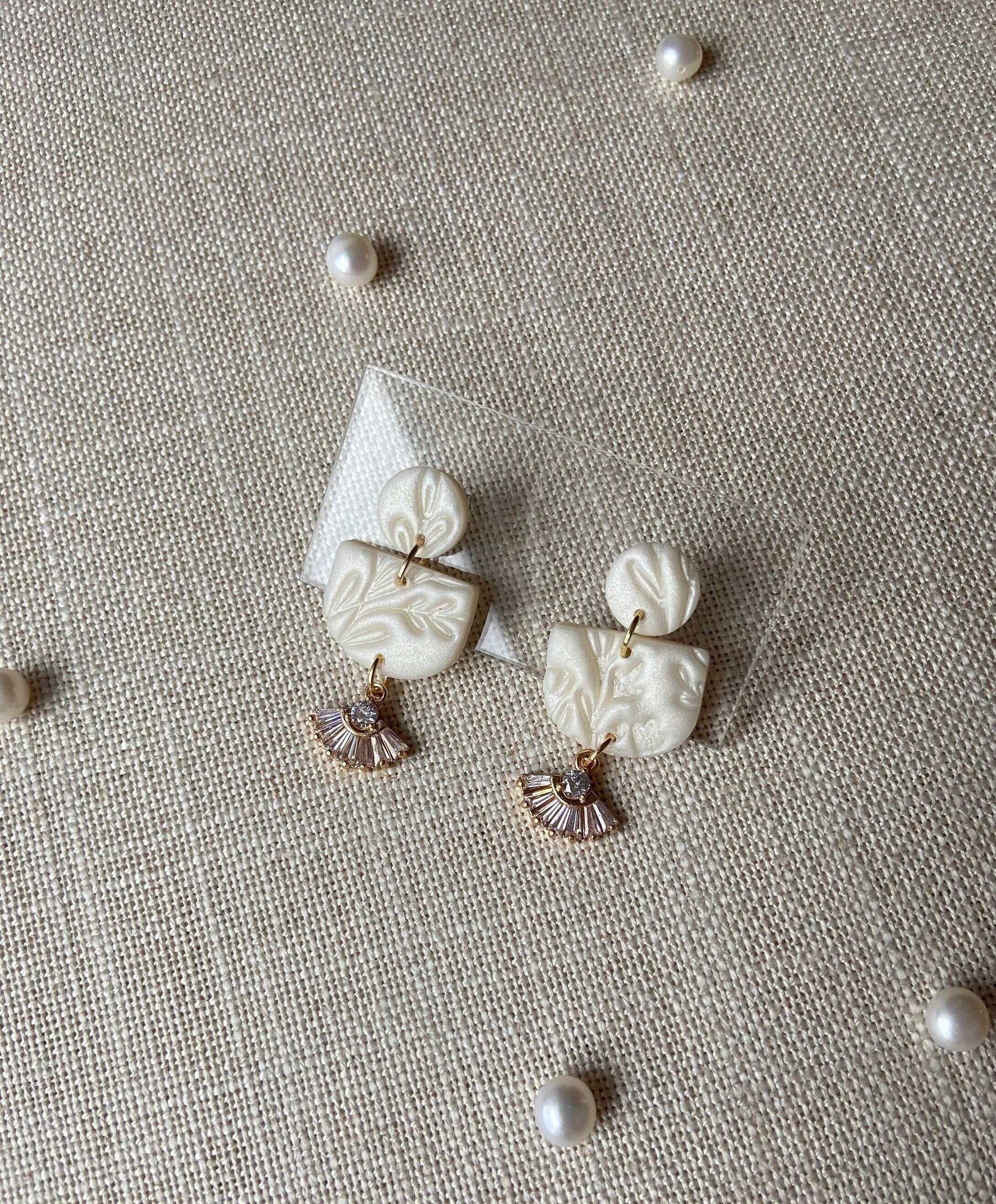 Pearl Polymer Clay Earrings with 18K Gold Plated Cubic Zirconia Crystals