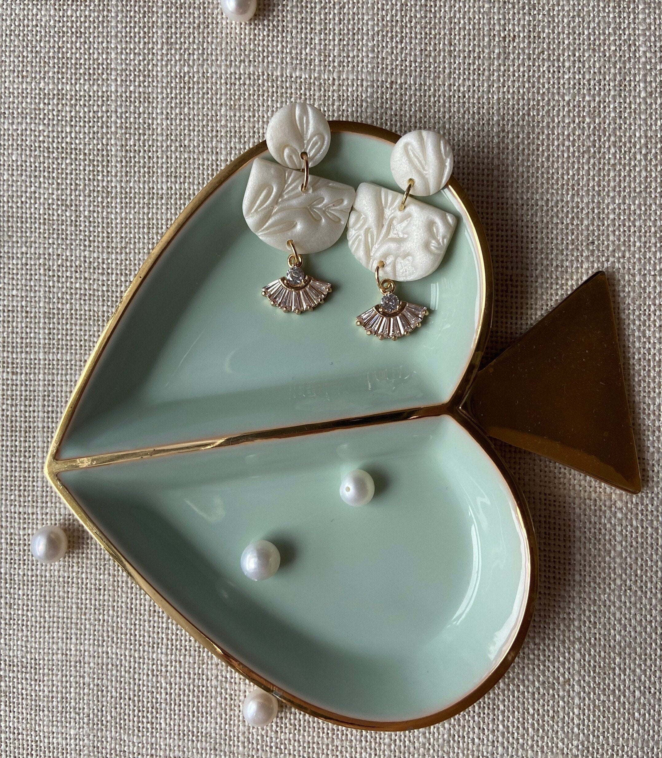 Pearl Polymer Clay Earrings with 18K Gold Plated Cubic Zirconia Crystals