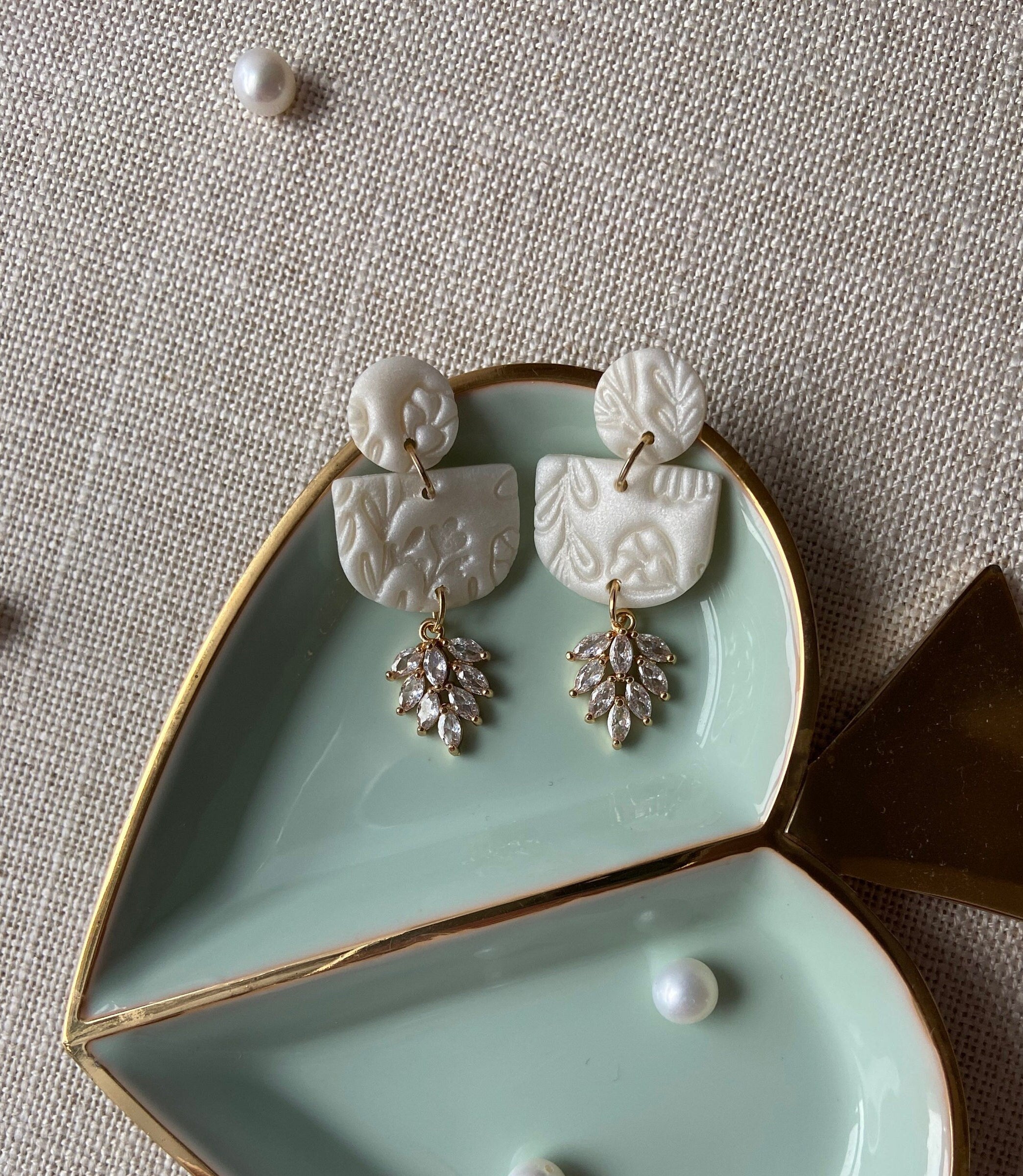 Pearl Polymer Clay Earrings with Cubic Zirconia Petals