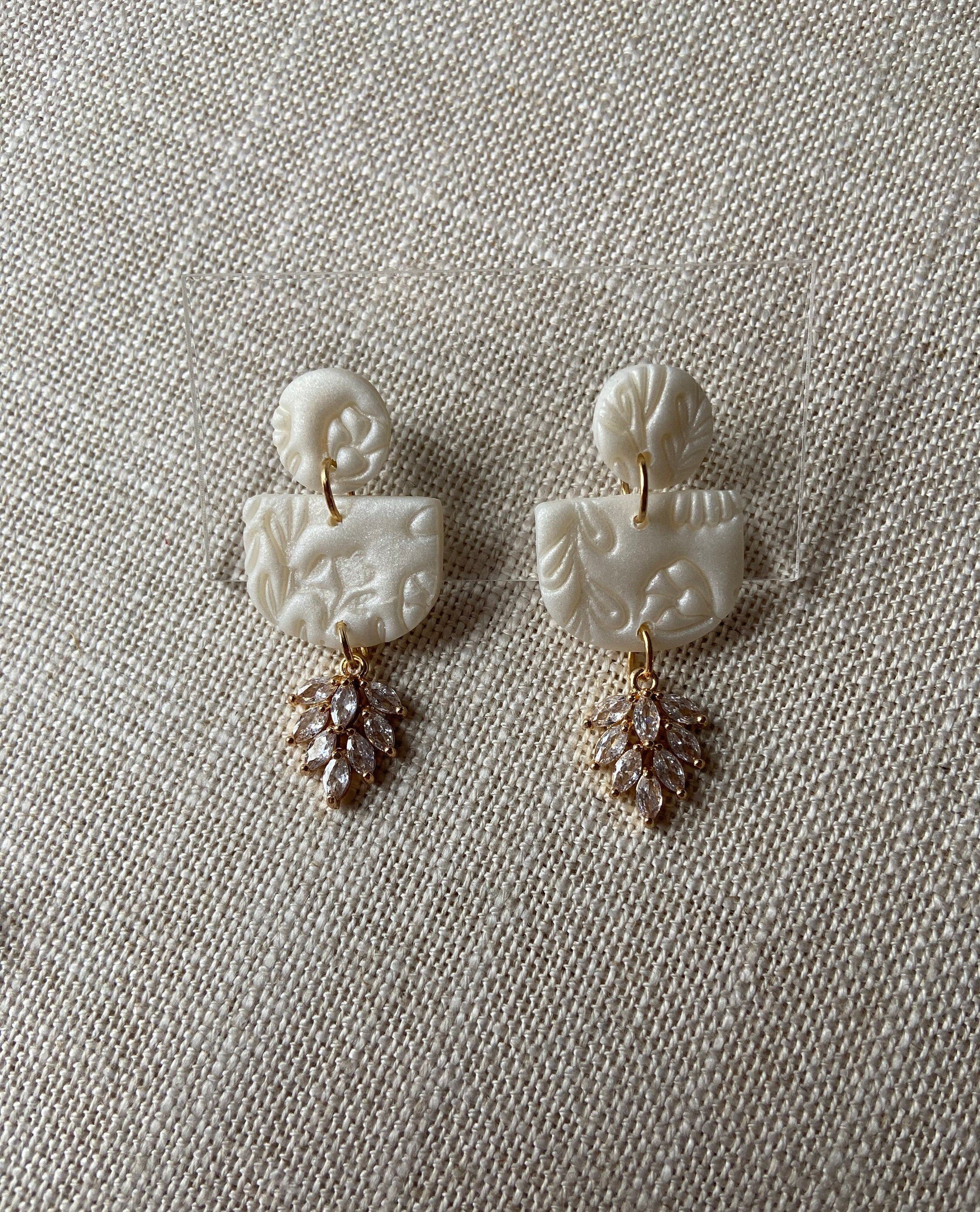 Pearl Polymer Clay Earrings with Cubic Zirconia Petals
