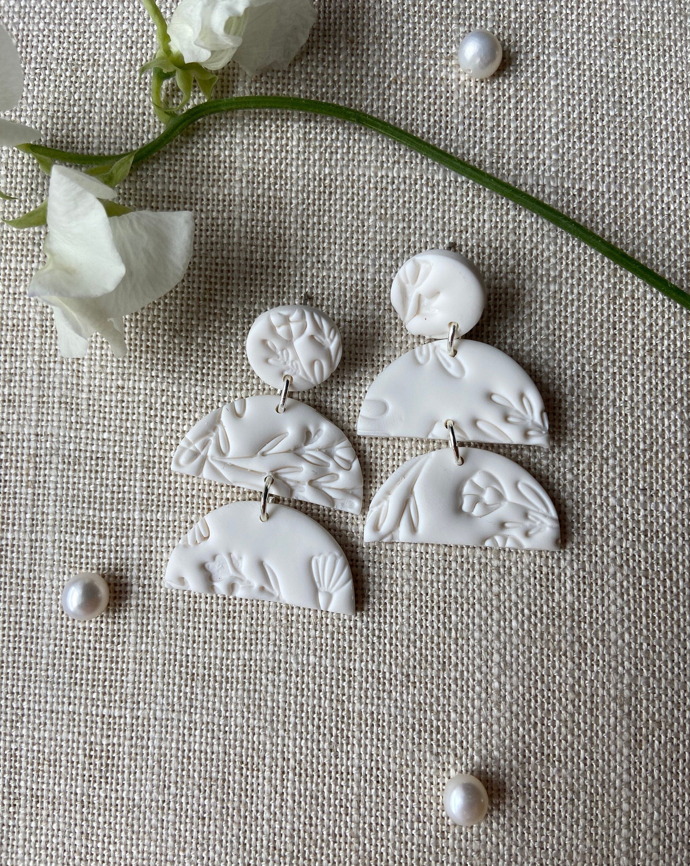 White Polymer Clay Earrings with Floral Texture