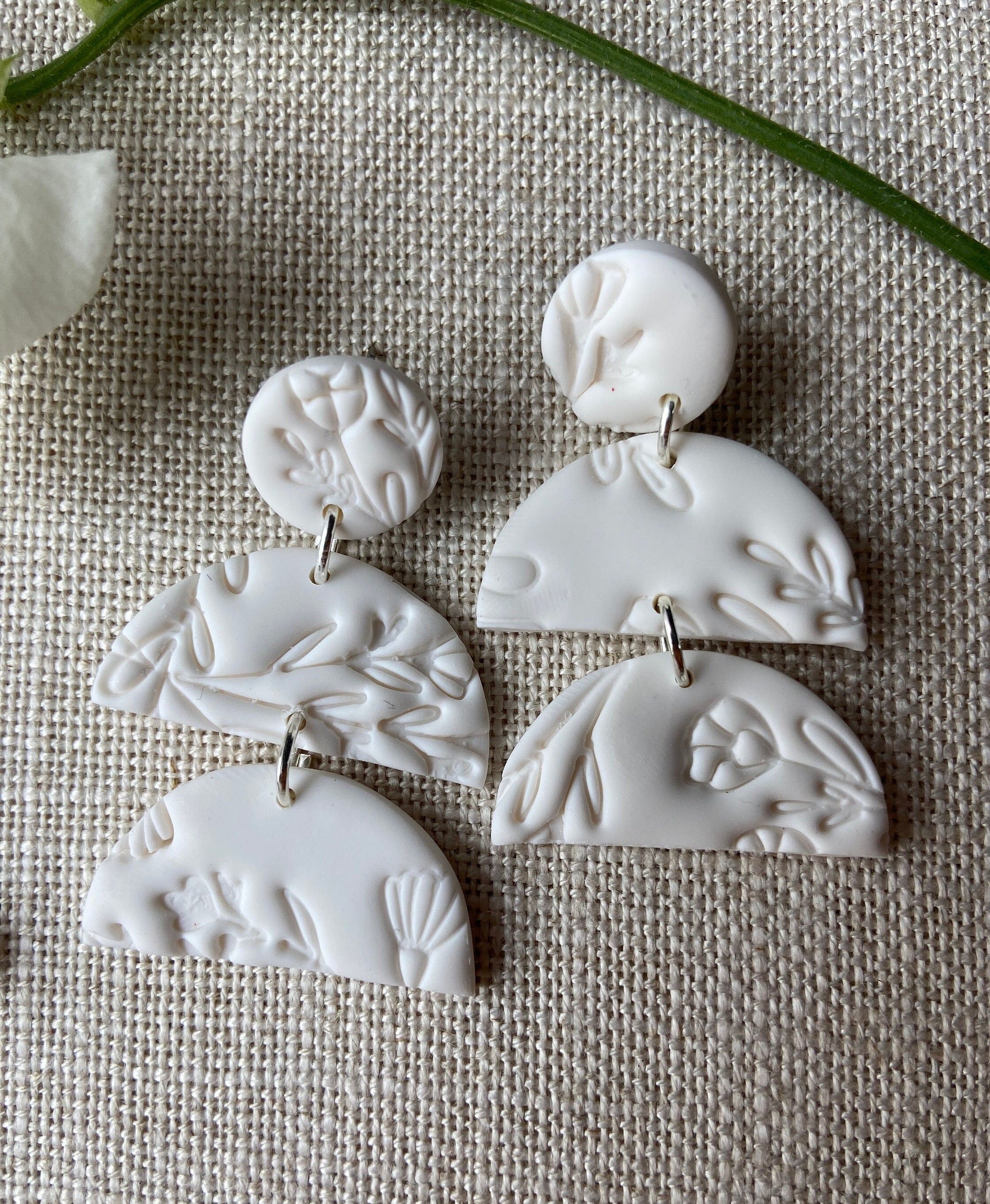 White Polymer Clay Earrings with Floral Texture