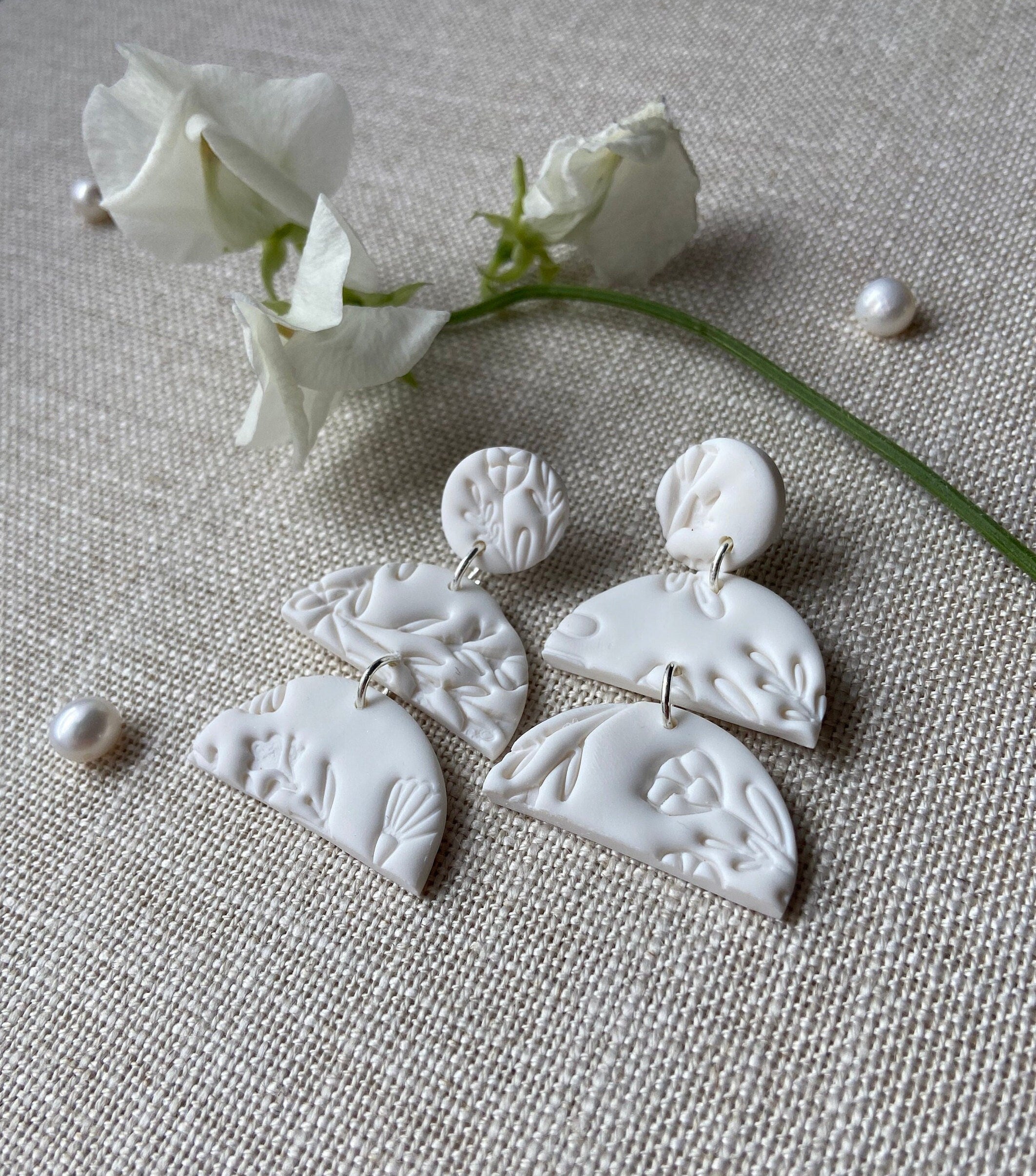White Polymer Clay Earrings with Floral Texture