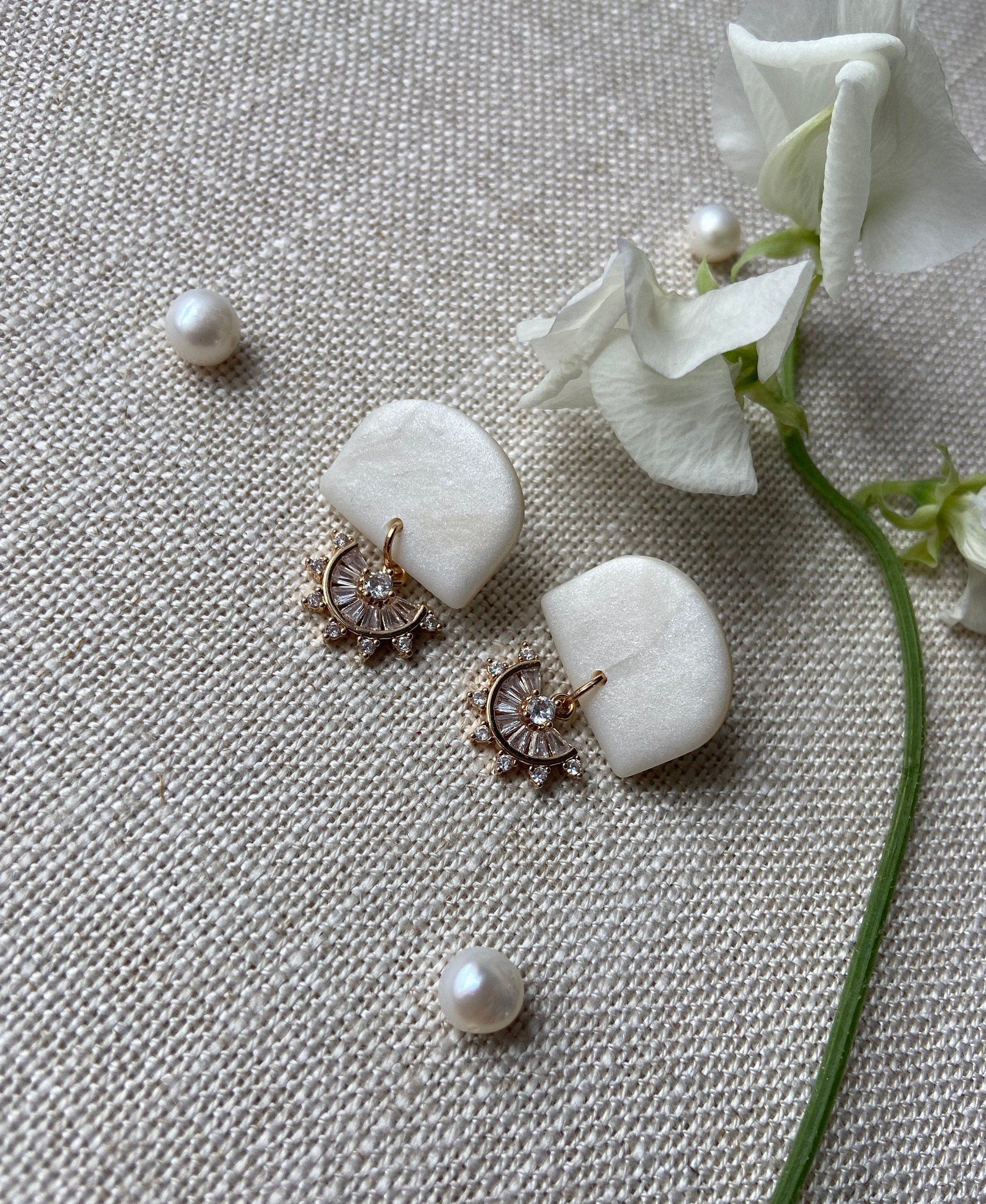 Pearl Polymer Clay Earrings with Cubic Zirconia Crystals