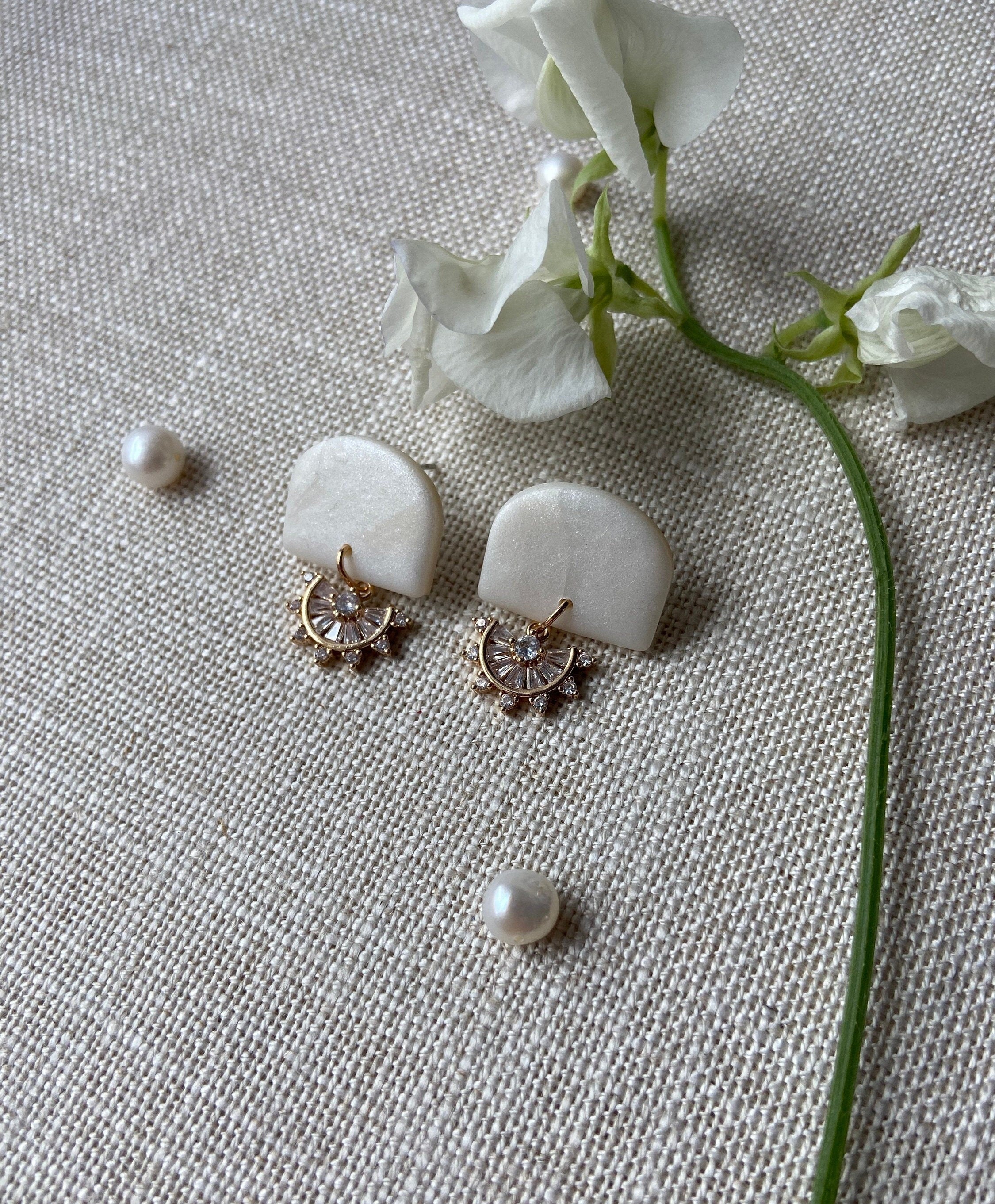 Pearl Polymer Clay Earrings with Cubic Zirconia Crystals
