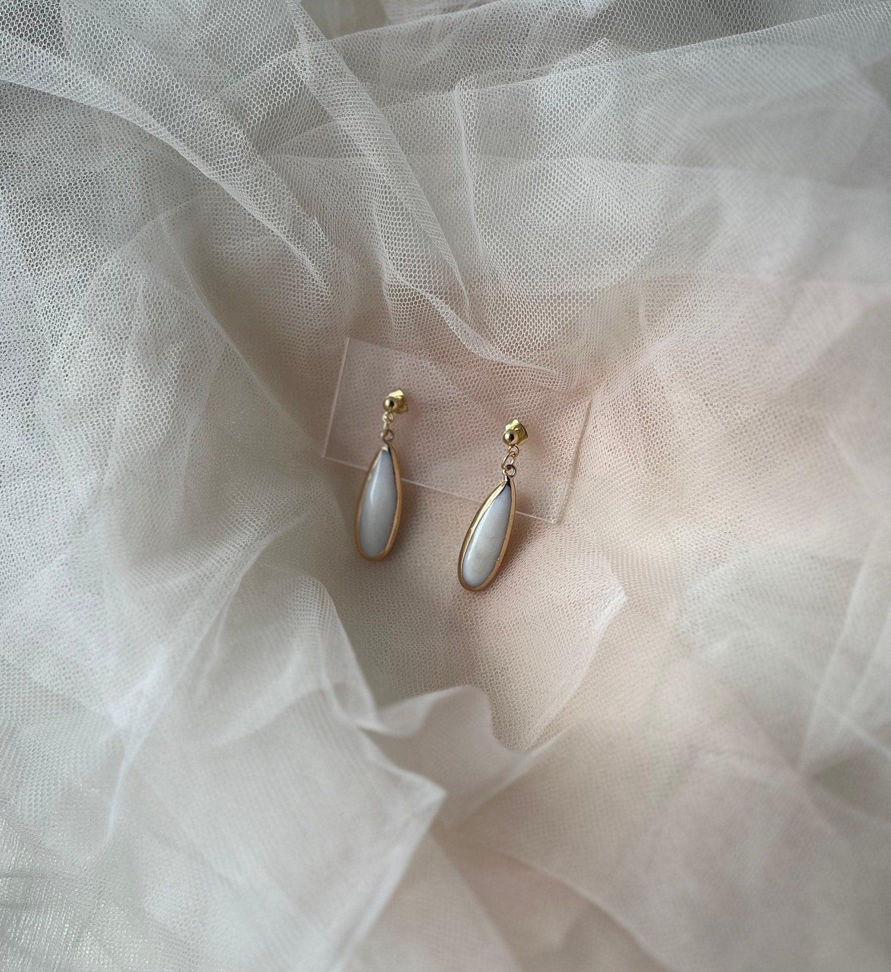 18K Gold Plated Earrings with Mother of Pearl Elongated Teardrop