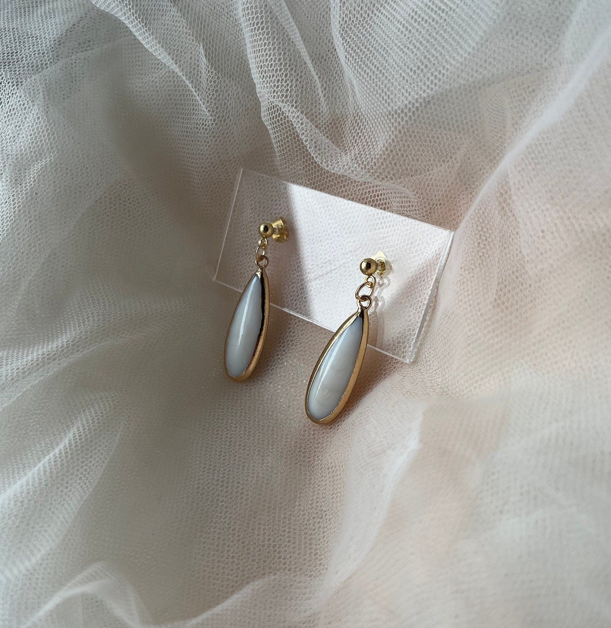 18K Gold Plated Earrings with Mother of Pearl Elongated Teardrop