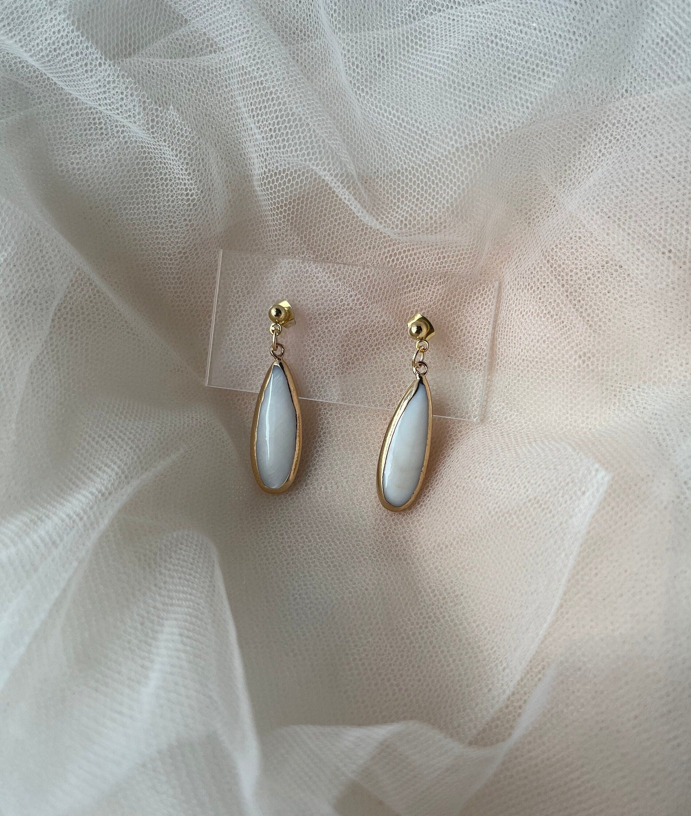 18K Gold Plated Earrings with Mother of Pearl Elongated Teardrop