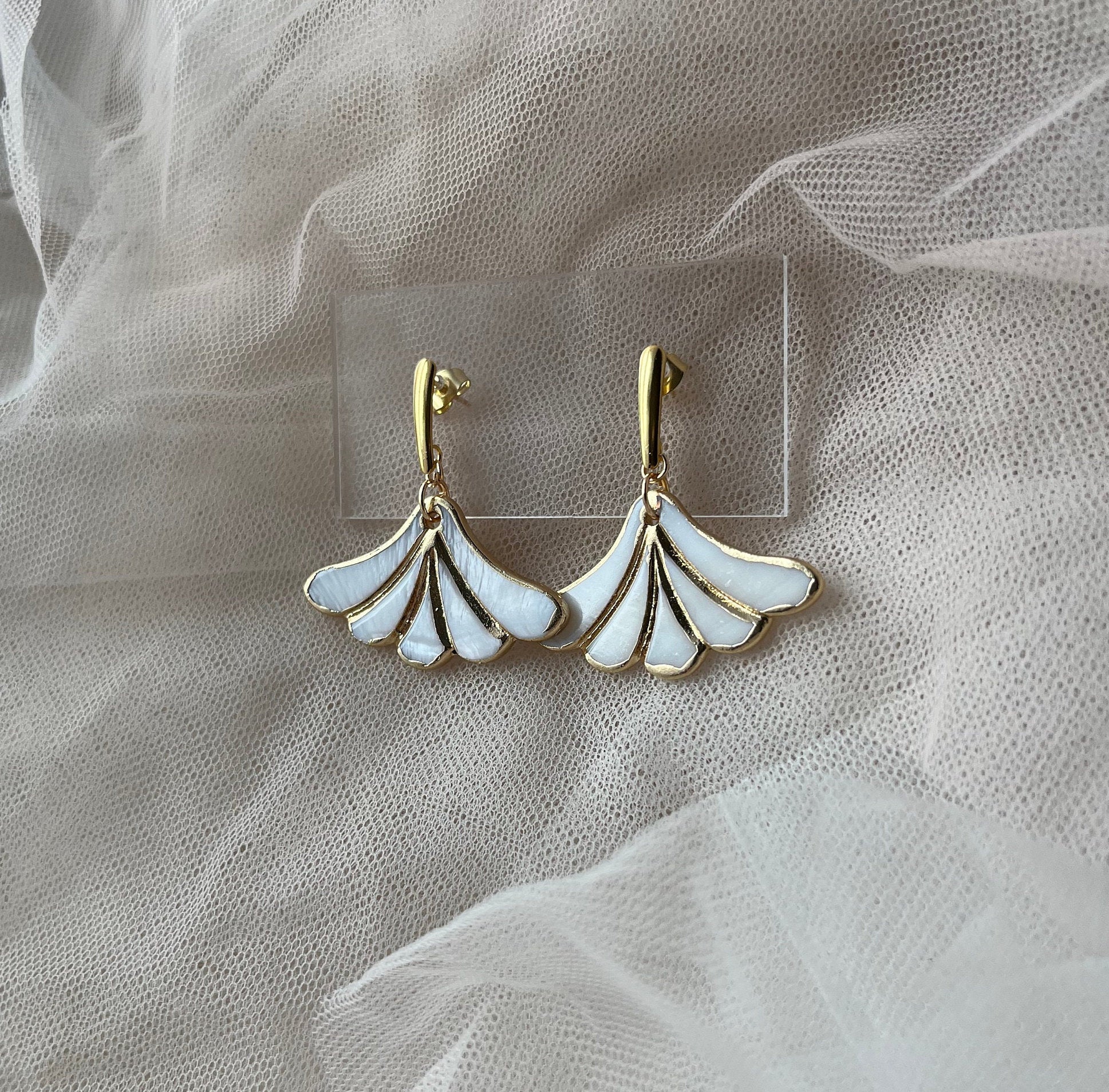 18K Gold Plated Earrings with Mother of Pearl Art Deco Fan