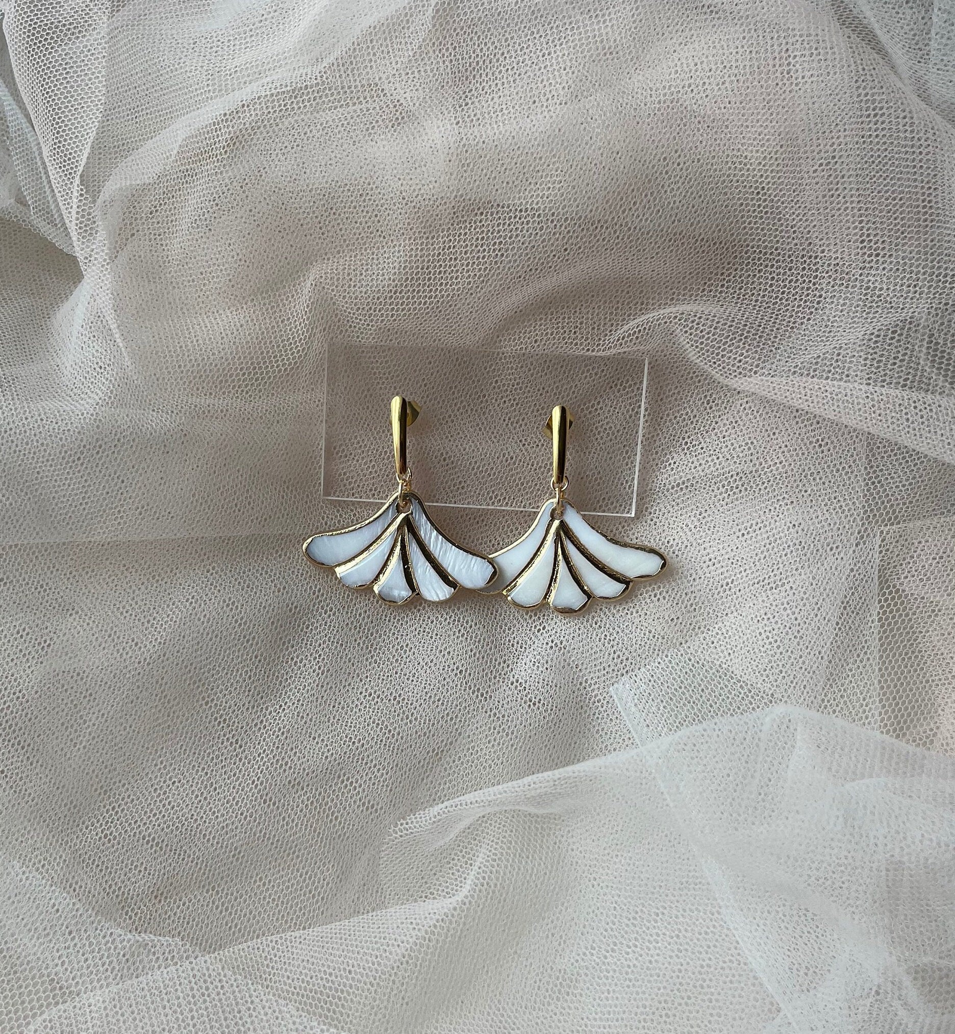 18K Gold Plated Earrings with Mother of Pearl Art Deco Fan