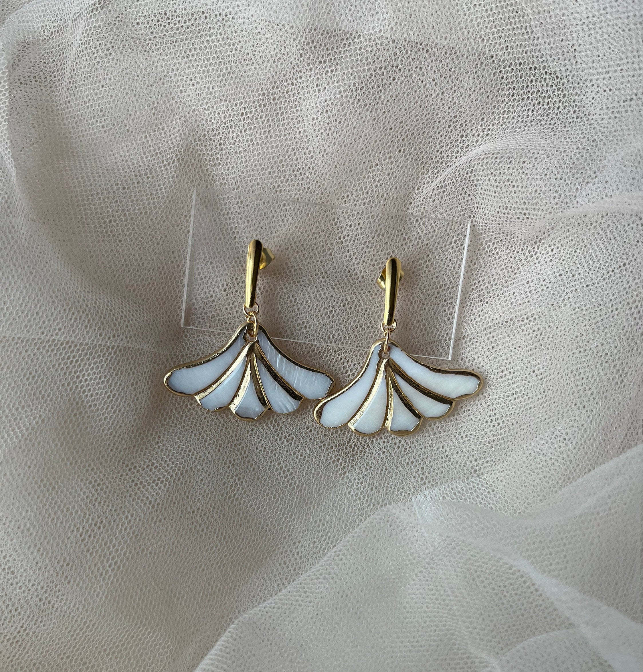 18K Gold Plated Earrings with Mother of Pearl Art Deco Fan