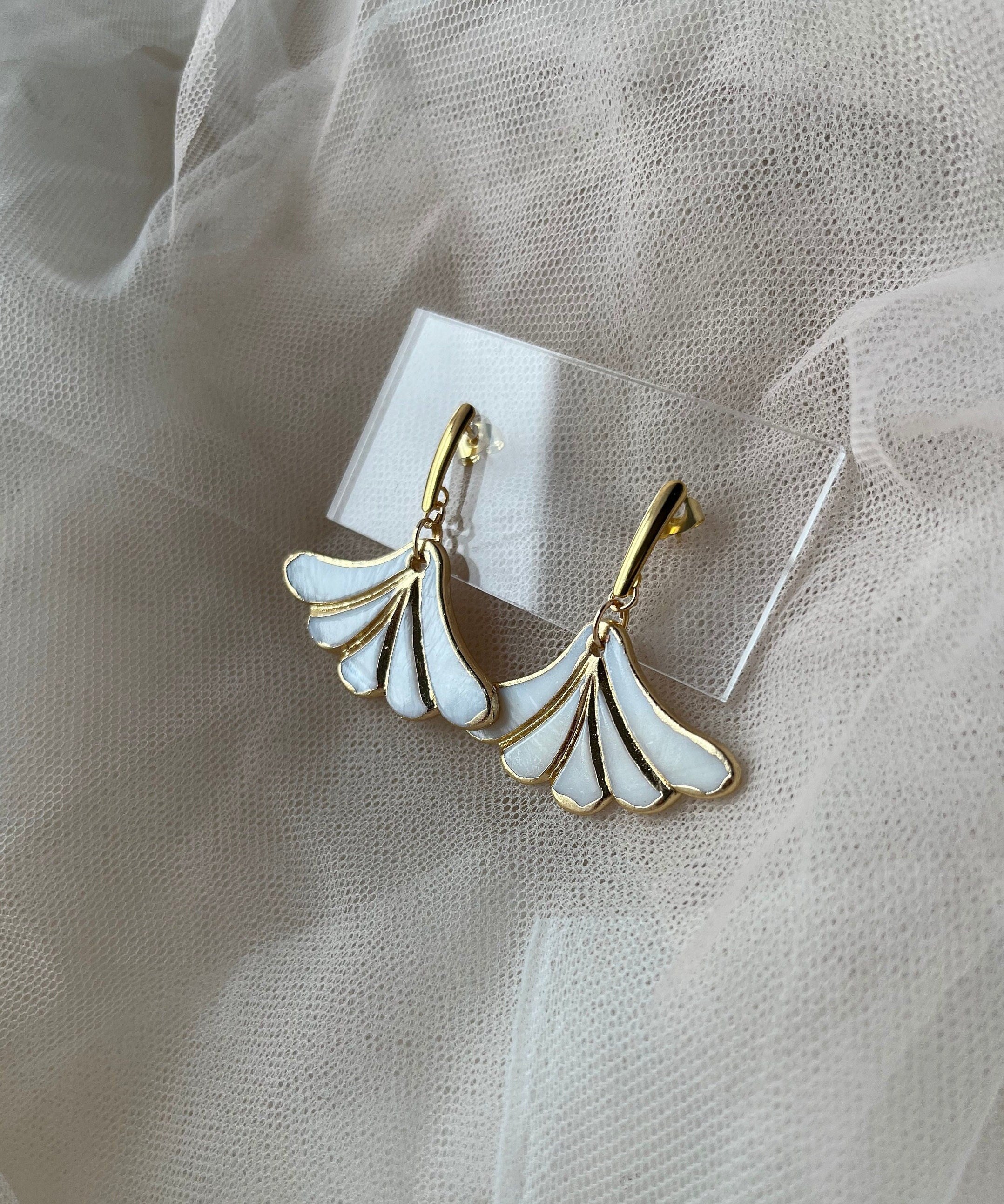 18K Gold Plated Earrings with Mother of Pearl Art Deco Fan