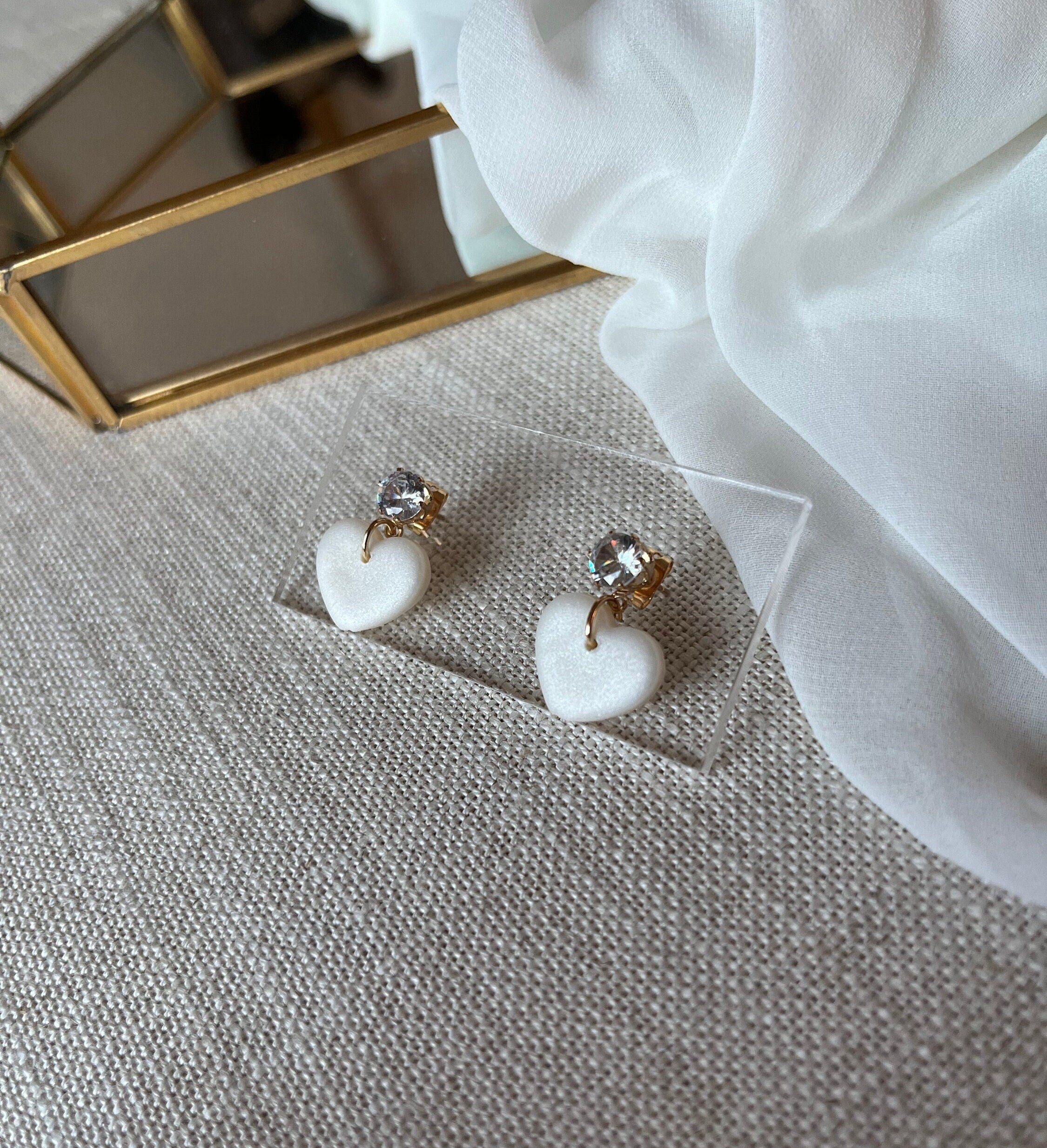 Pearl Hearts with Gold Cubic Zirconia Studs