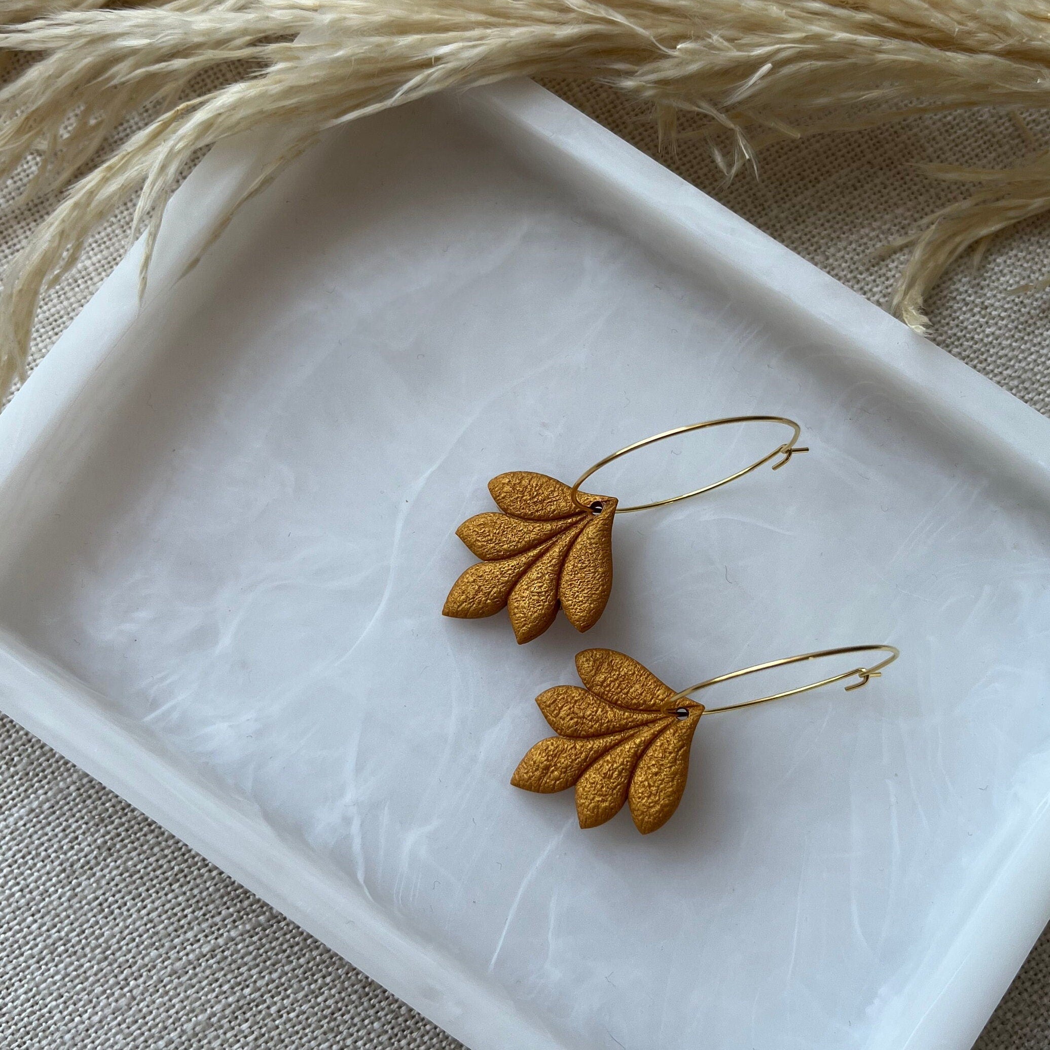 Mustard Textured Petals Gold Hoops