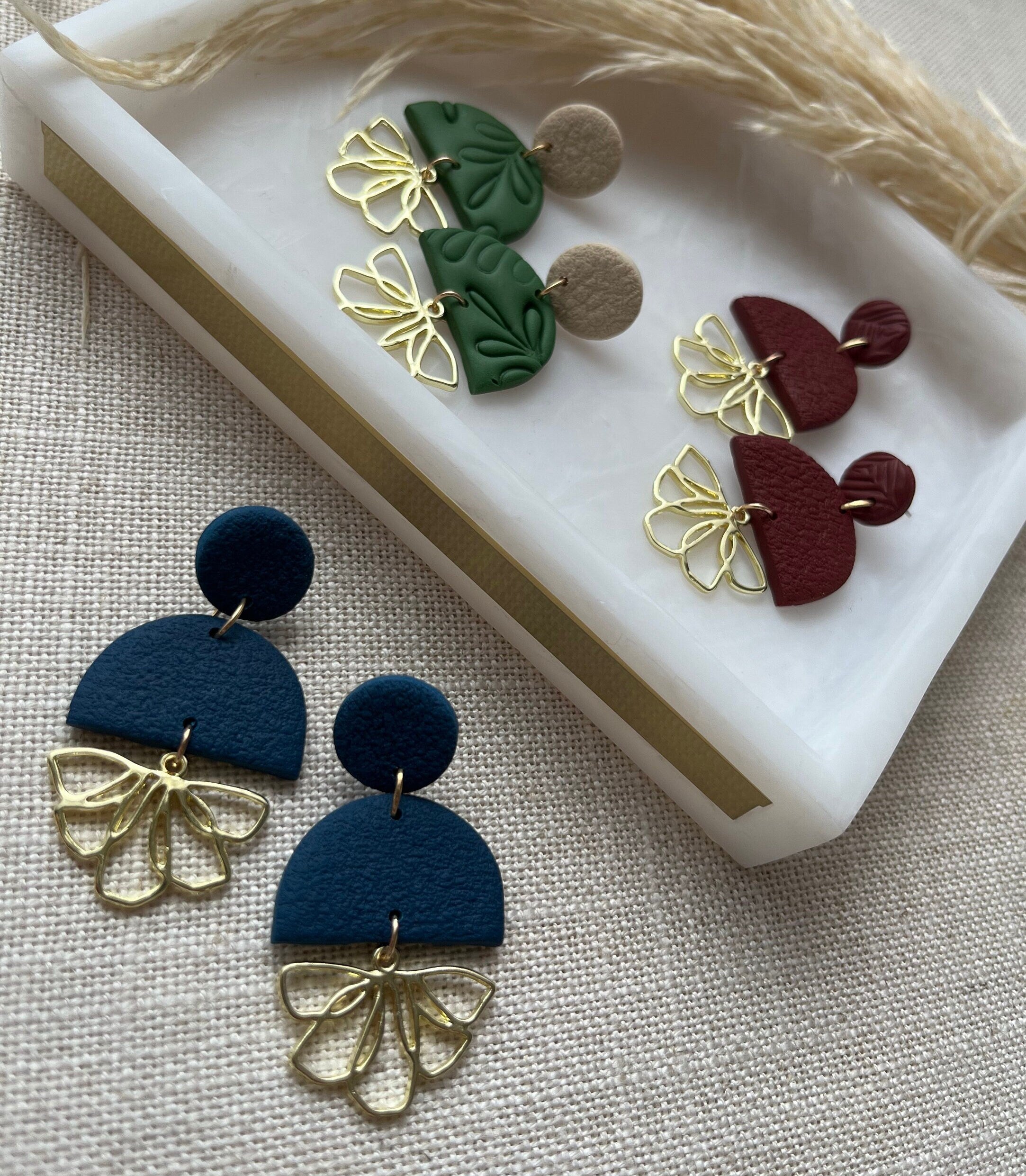 Textured Earrings with Gold Flower Pendant