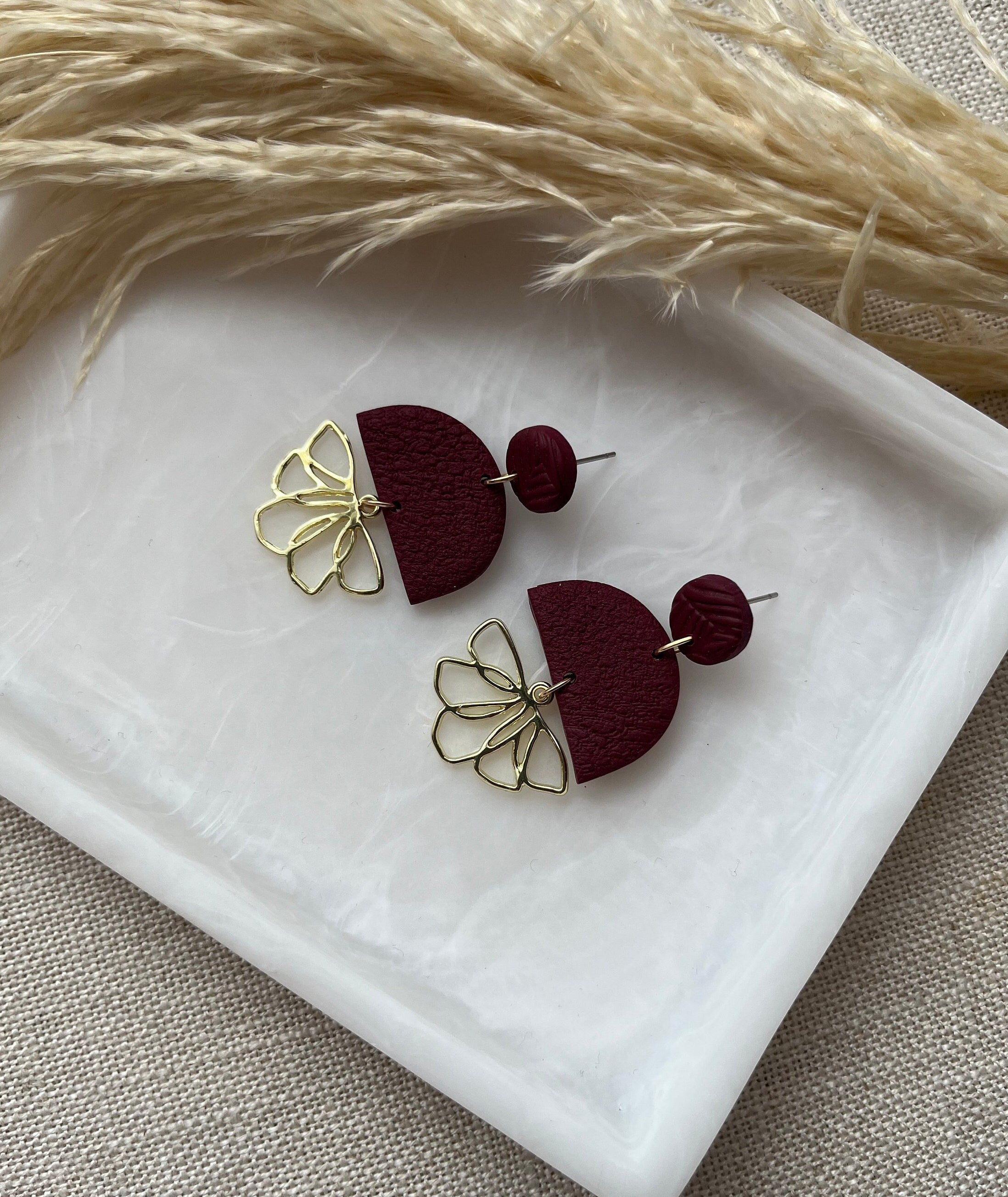 Textured Earrings with Gold Flower Pendant