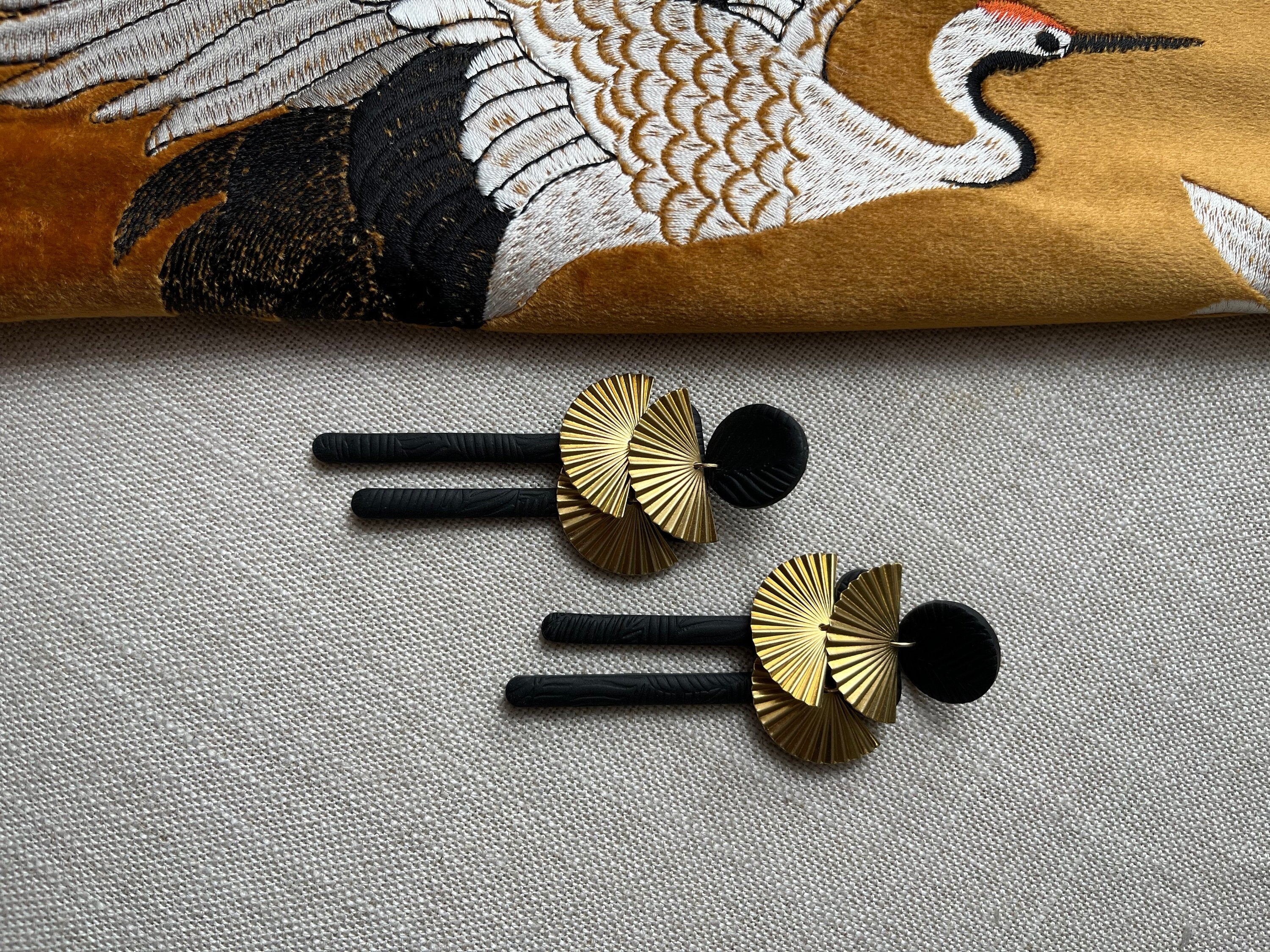 Black Earrings with Brass Fans